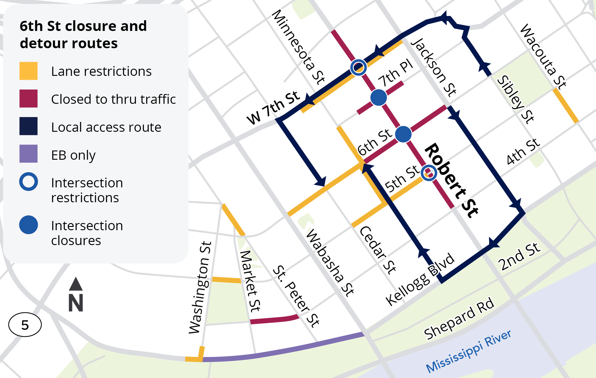 Map showing the detour for the closure at Robert St and 6th Street, October 24, 2025