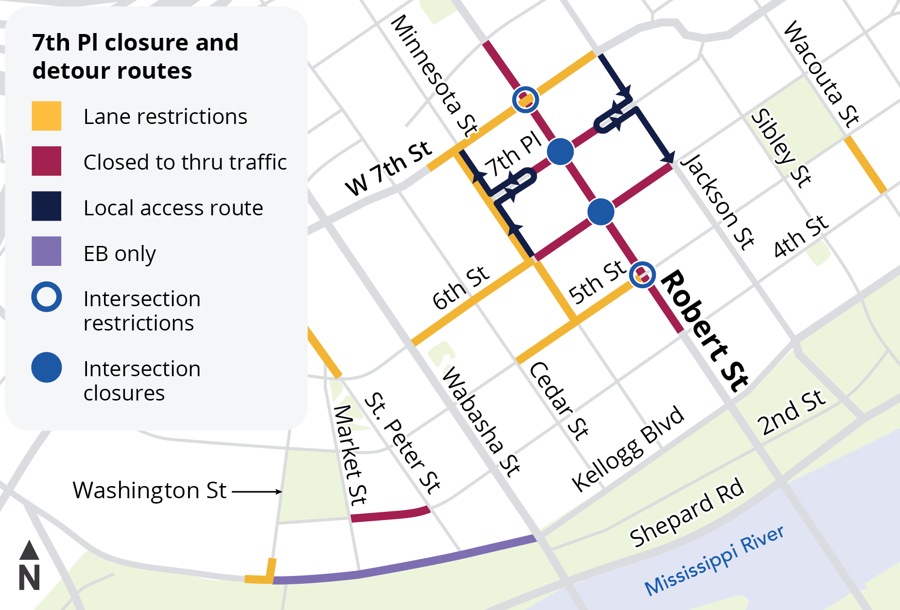 Map showing the detour for the closure at 7th Place and Robert Street, October 24, 2025