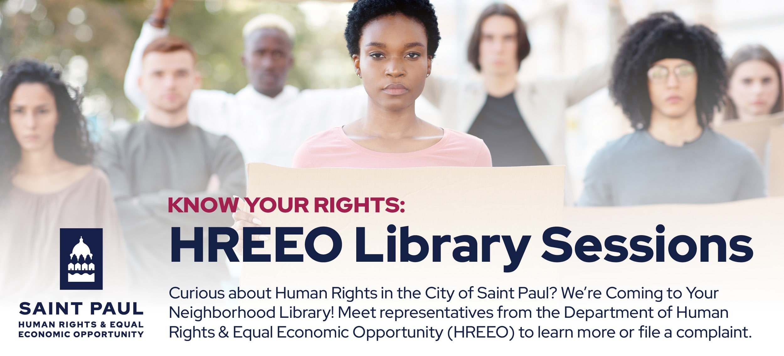 A poster for "Know Your Rights: HREEO Library Sessions" from the City of Saint Paul, featuring a diverse group of people looking at the camera.