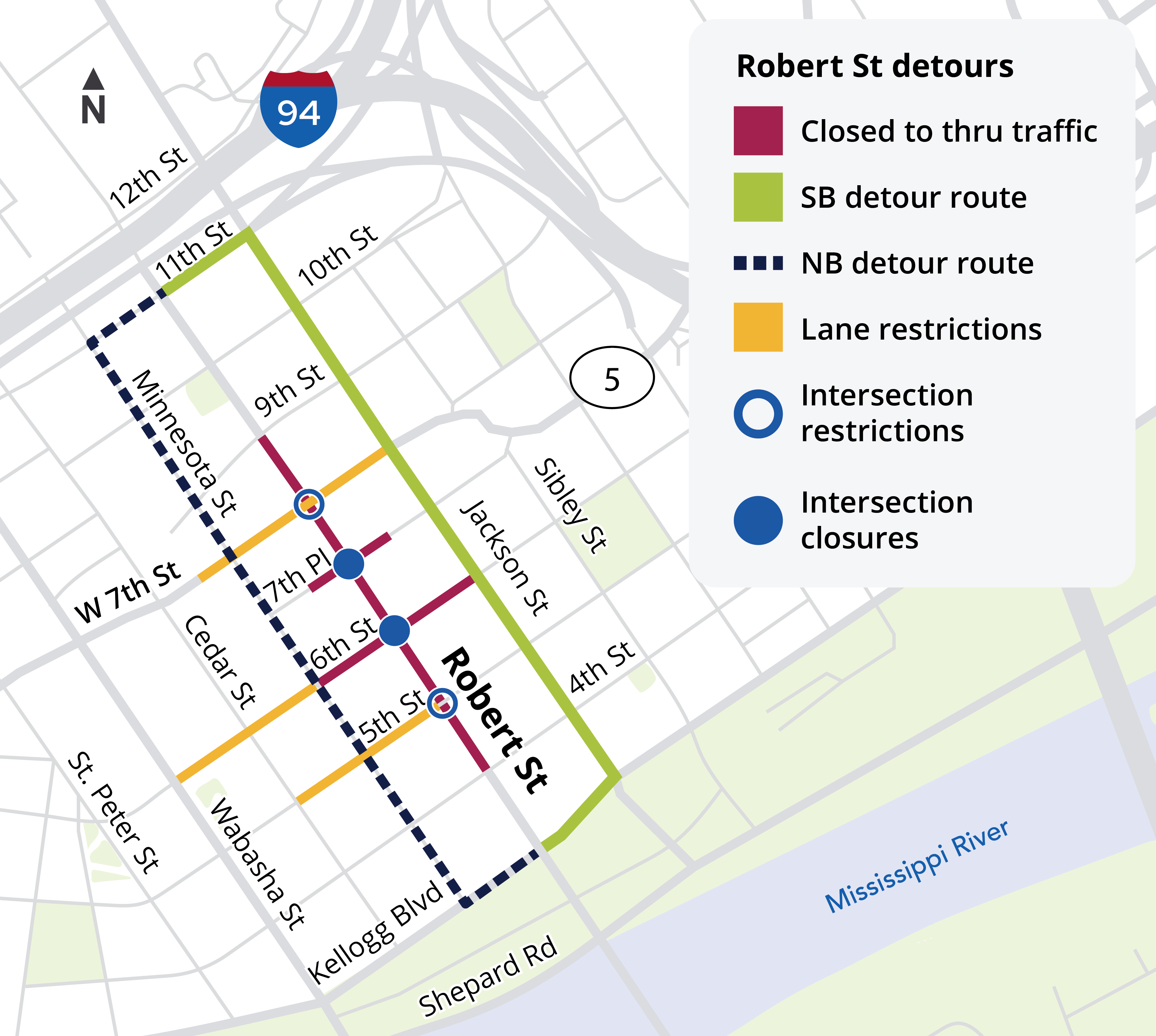 Map showing Robert Street closed for construction from 9th Street to 4th Street.