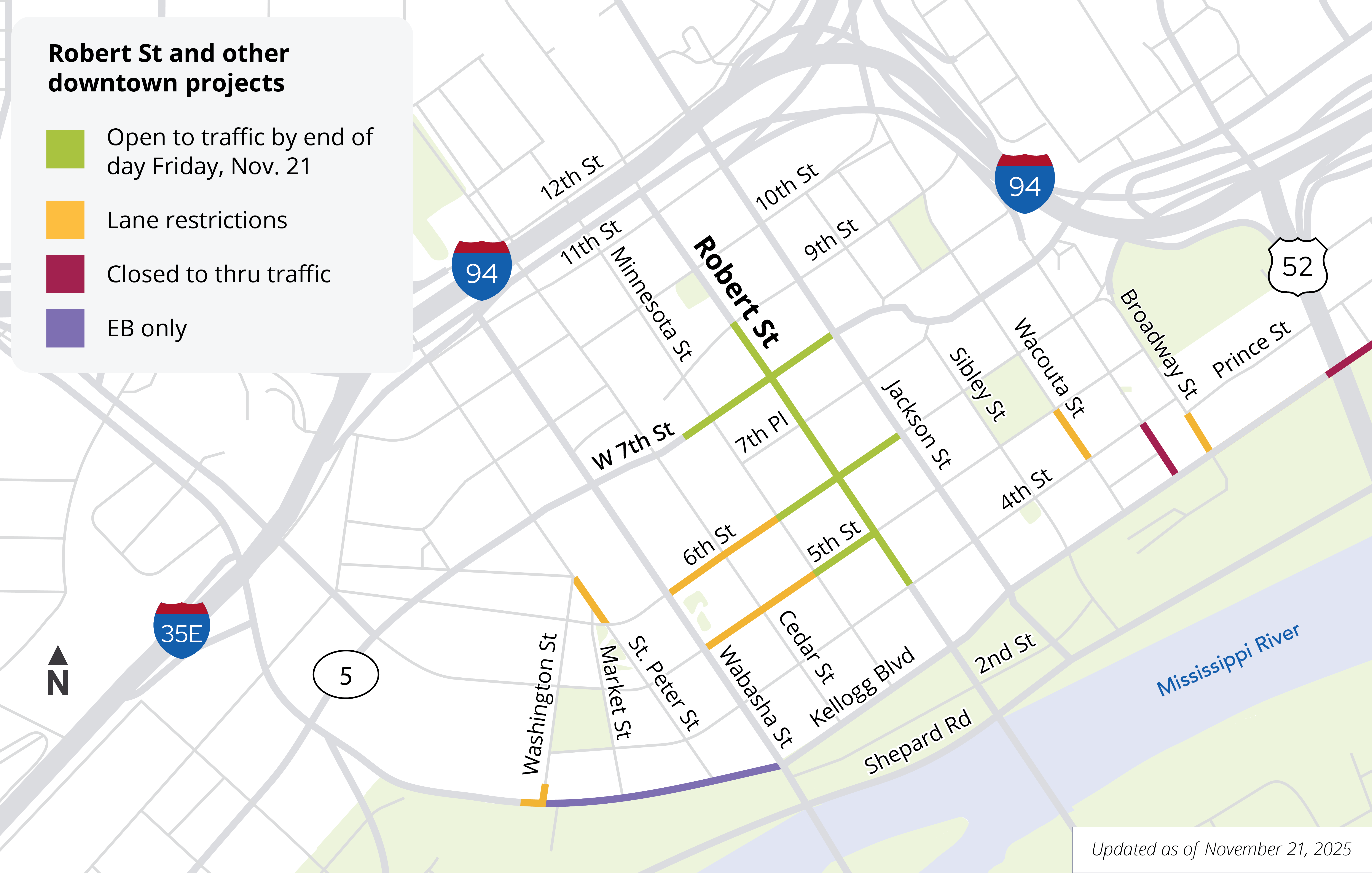 Map showing road closures and lane restrictions in downtown Saint Paul November 21, 2025