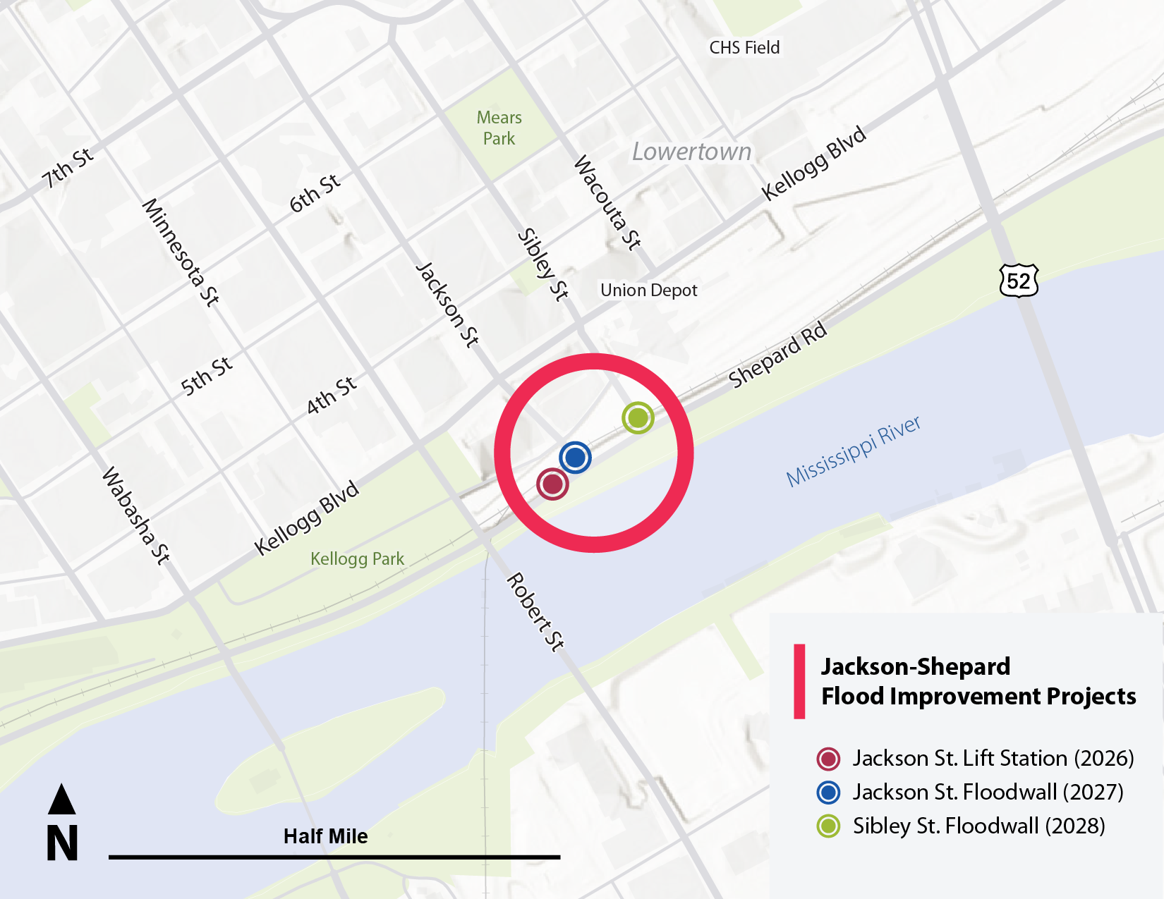 Map showing the area for the Jackson-Shepard Flood Wall construction work.