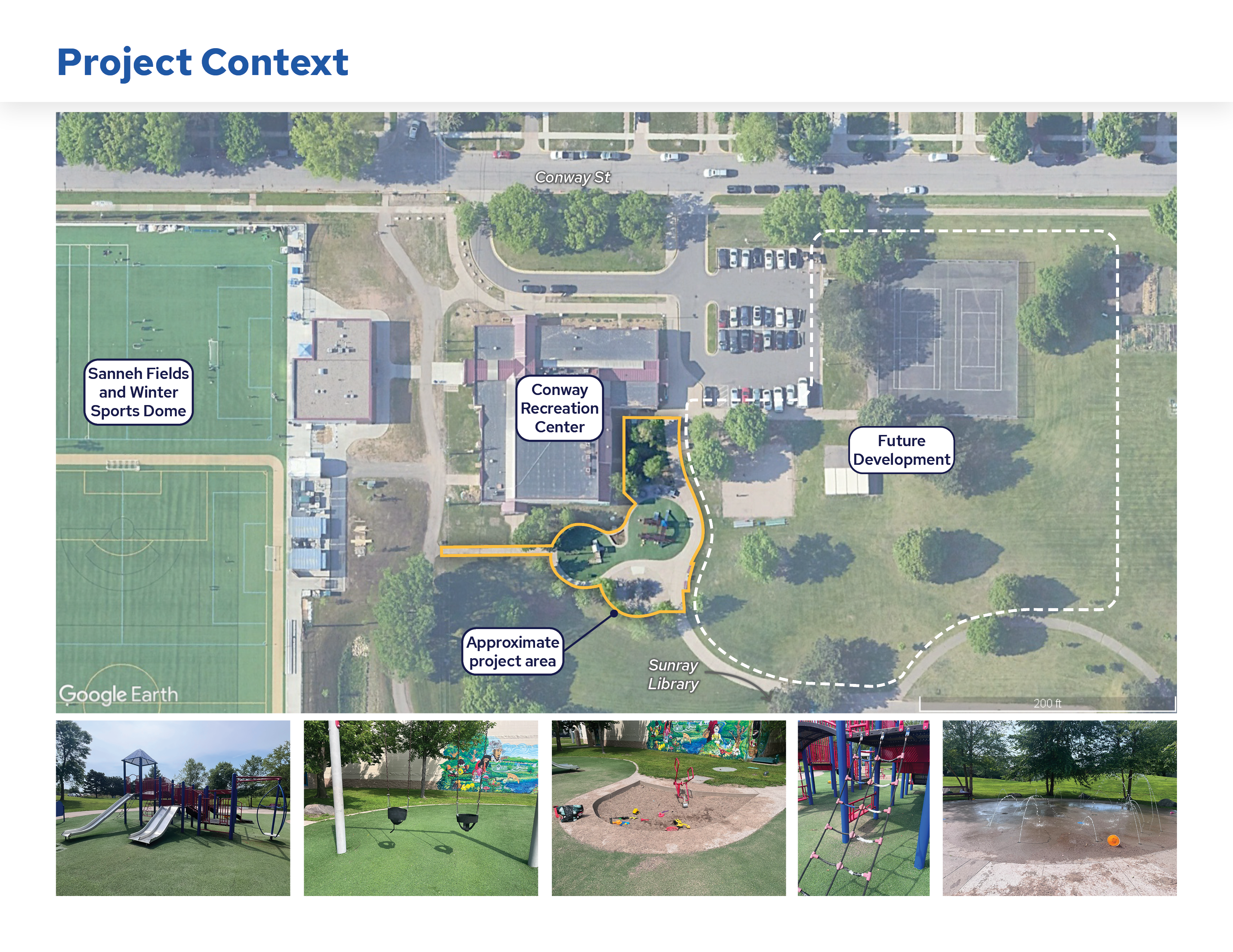 Project context - the Conway Park play area is located directly south of the community center building.