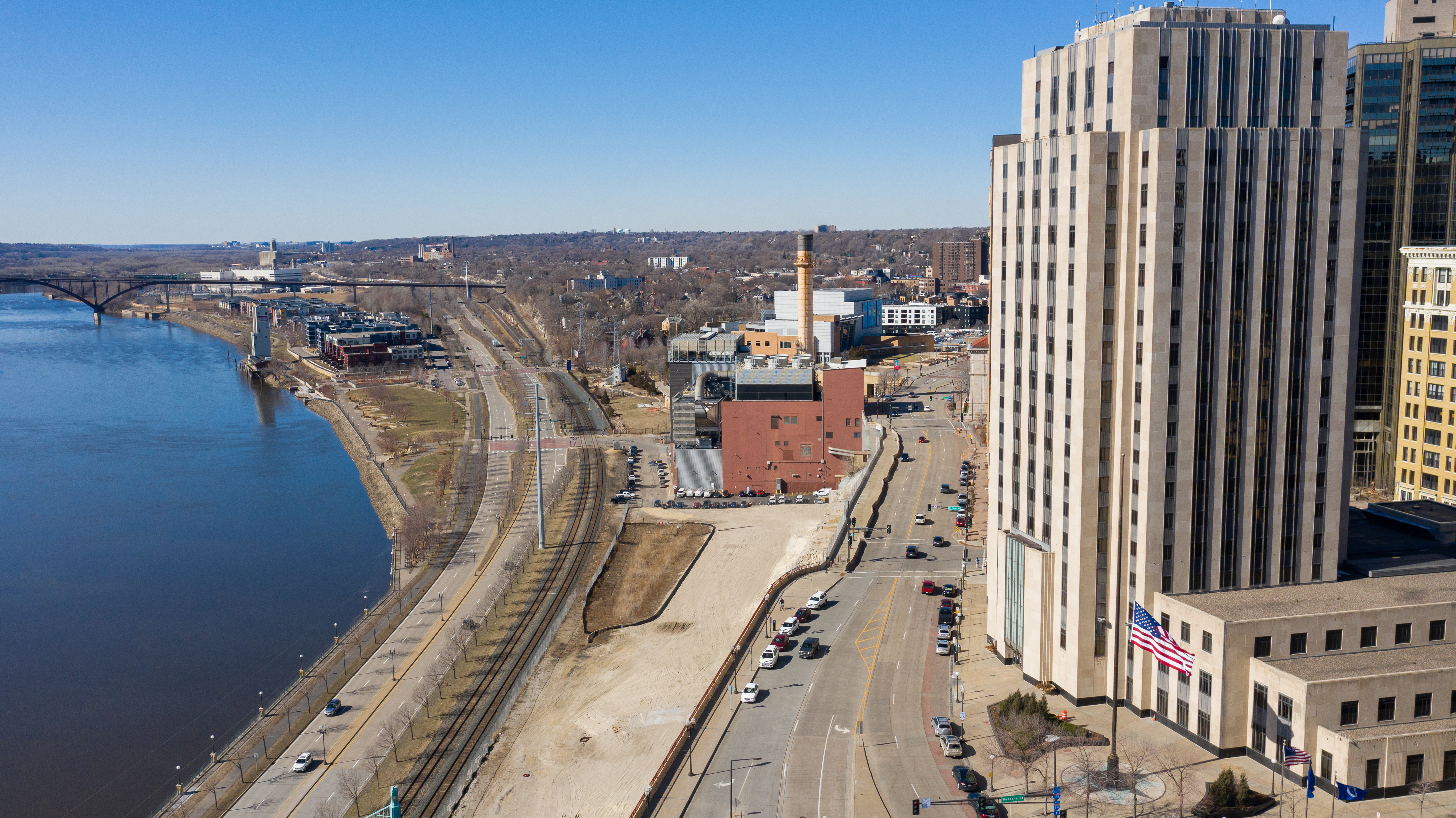 Drone photo of City Hall and the Mississippi River during the day