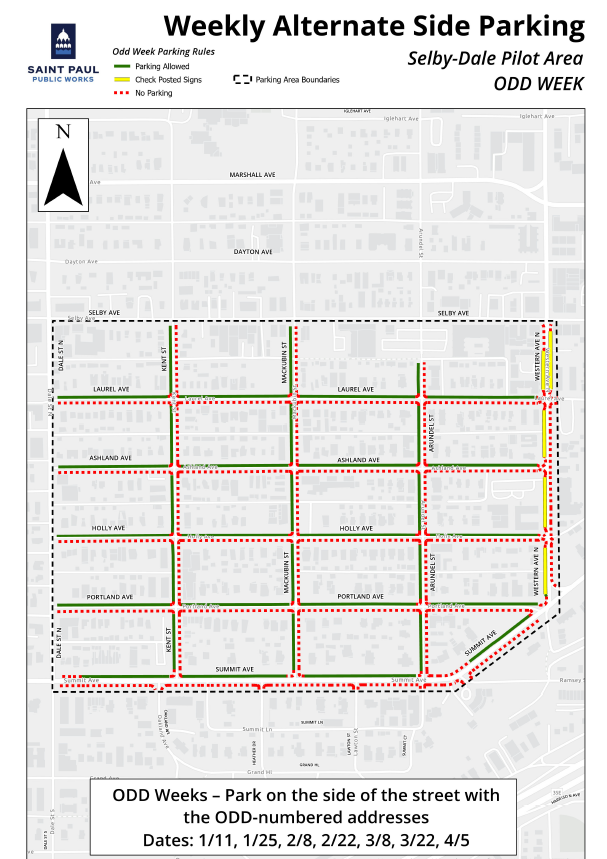 Map of the Selby-Dale neighborhood for the snow pilots in 2026 for the odd-addressed weeks