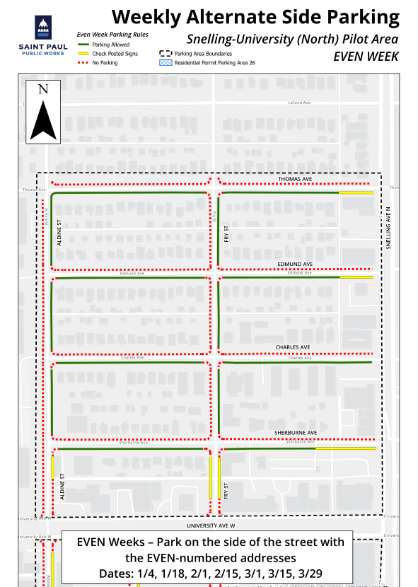 Image of map showing the parking areas for the EVEN weeks on Snelling University pilot area (North)