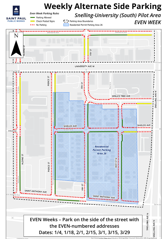 Map of the Snelling-University (South) pilot area for the EVEN-ADDRESSED weeks
