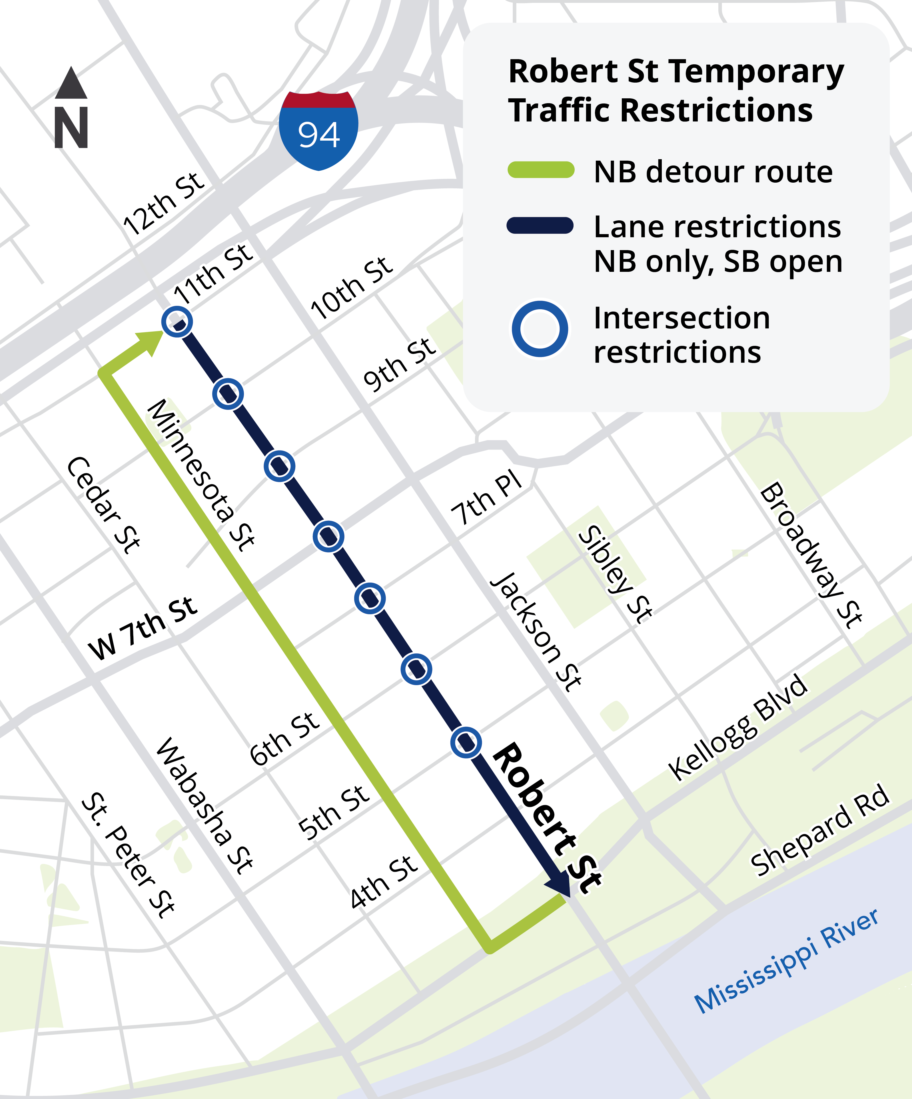 Map showing Northbound Robert Street closed to traffic December 15-19, southbound Robert open, detour on Minnesota Street