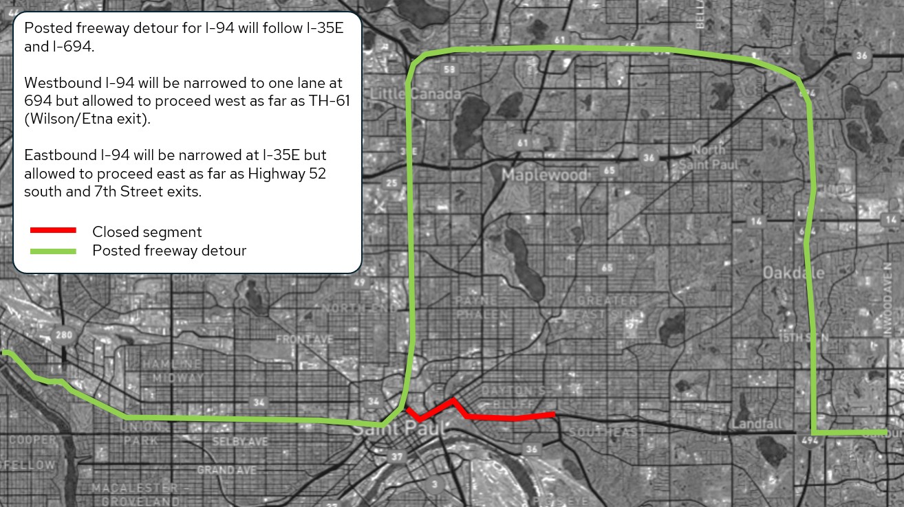 Map showing I-94 closure detour on January 16-18. Detour is 694 and 35E.