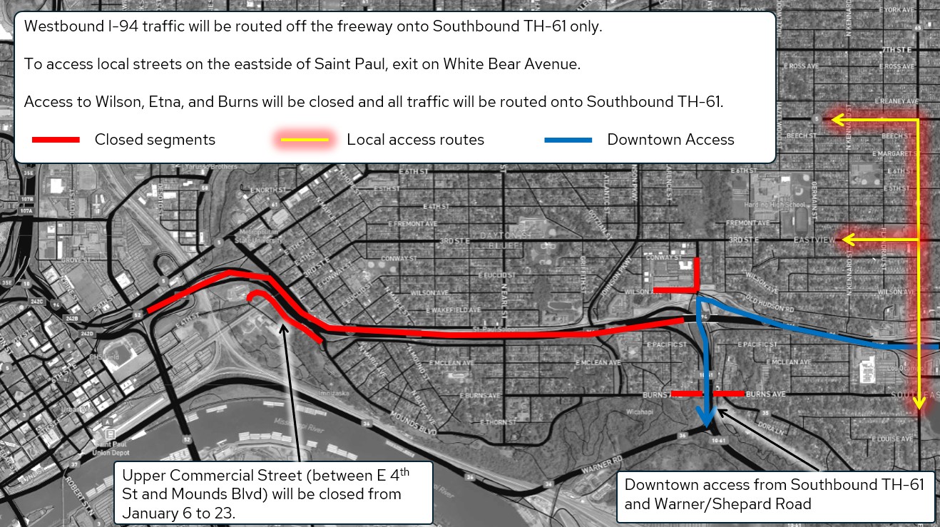 Map showing local access route on White Bear Avenue and downtown access on Highway 61 during I-94 closure January 16-18