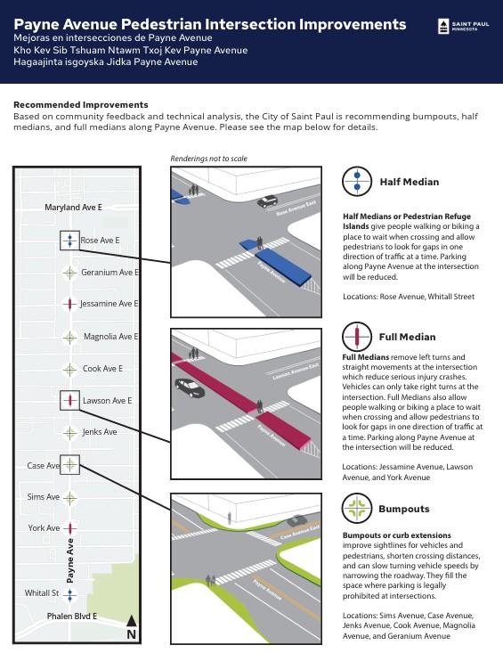 Intersection designs including bumpouts, half medians, and full medians for 11 intersections on Payne Avenue between Phalen Boulevard and Maryland Avenue