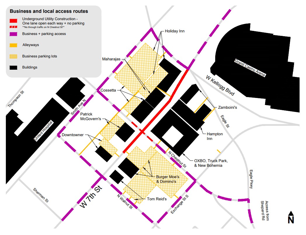 Map showing sewer construction area on West 7th from Walnut to Kellogg