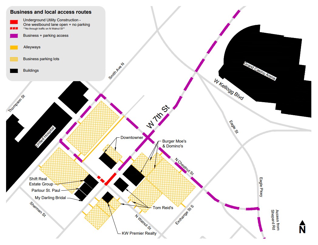 Map showing sewer construction area on West 7th at Walnut