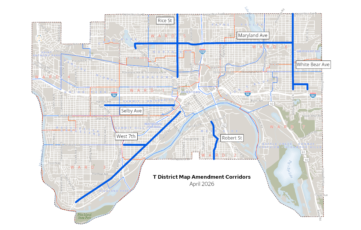 A map of the City of Saint Paul with study corridors highlighted. The corridors include Selby Avenue, West 7th Street, Rice Street, Maryland Avenue, White Bear Avenue, and Robert Street. 
