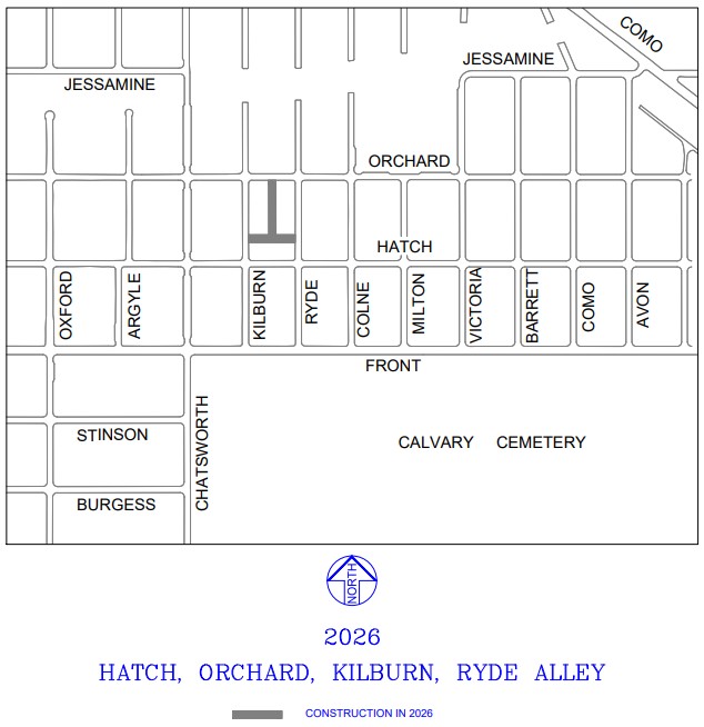 Map showing the reconstruction area for the Hatch-Orchard Alley between Hatch, Orchard, Kilburn and Ryde