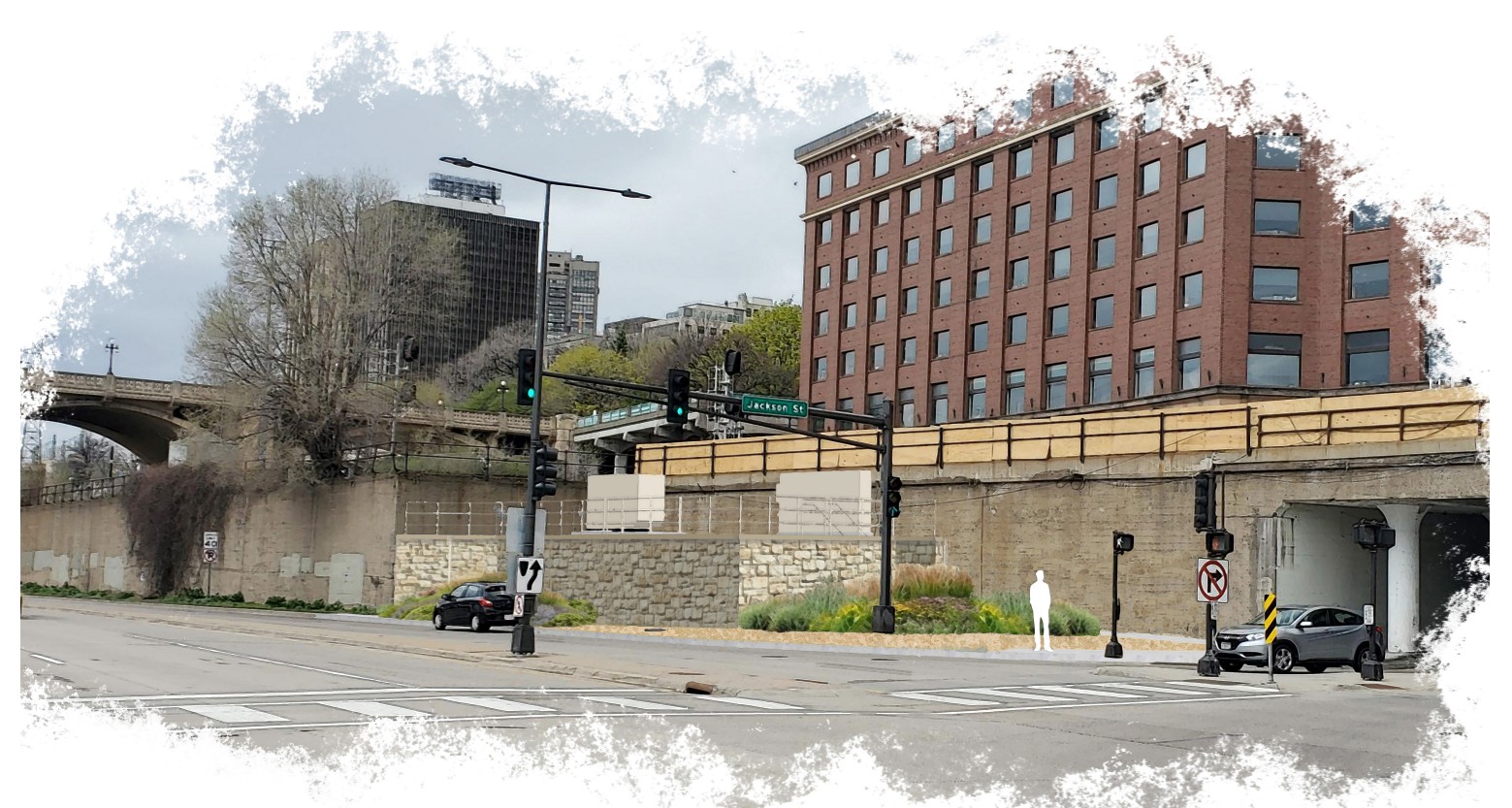 Rendering showing what the new raised stormwater pump station at Jackson Street and Shepard Road will look like.