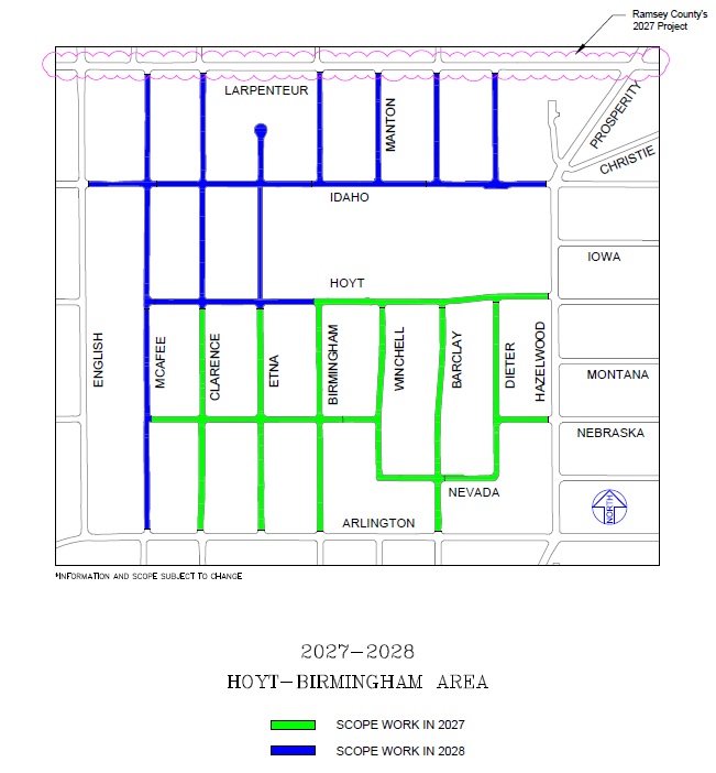 Map showing the project area which is bordered by Larpenteur Ave, Hazelwood Ave, Arlington Ave, and English. Phase 1 in 2027 is largely in the north and Phase 2 in 2028 is largely in the south. 