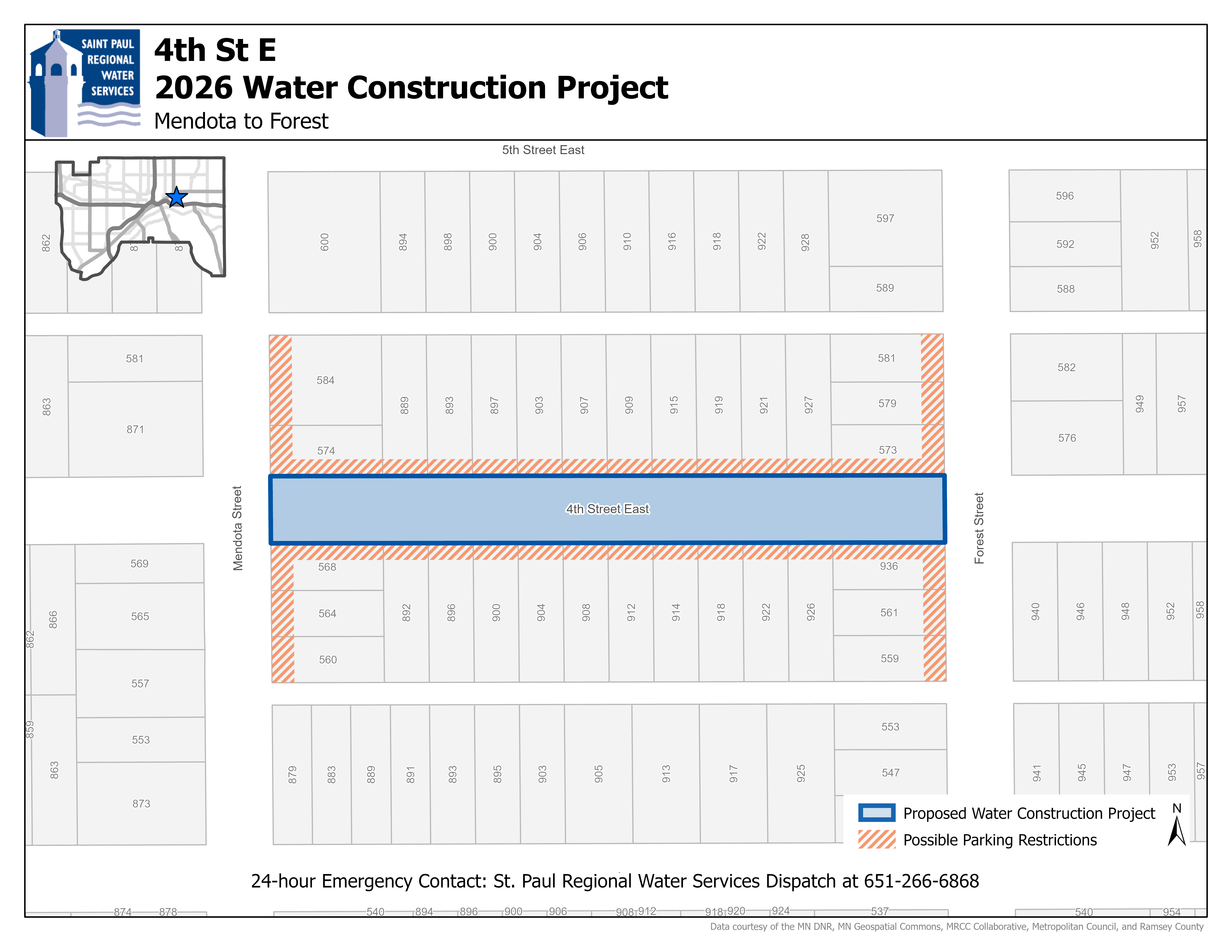 Map showing the 4th Street construction area from Mendota Street to Forest Street.