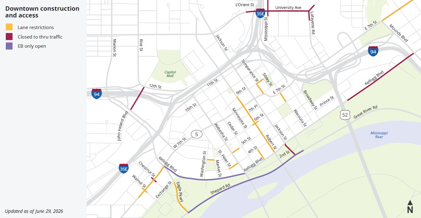 Map showing road closures and lane restrictions in downtown Saint Paul June 29, 2026