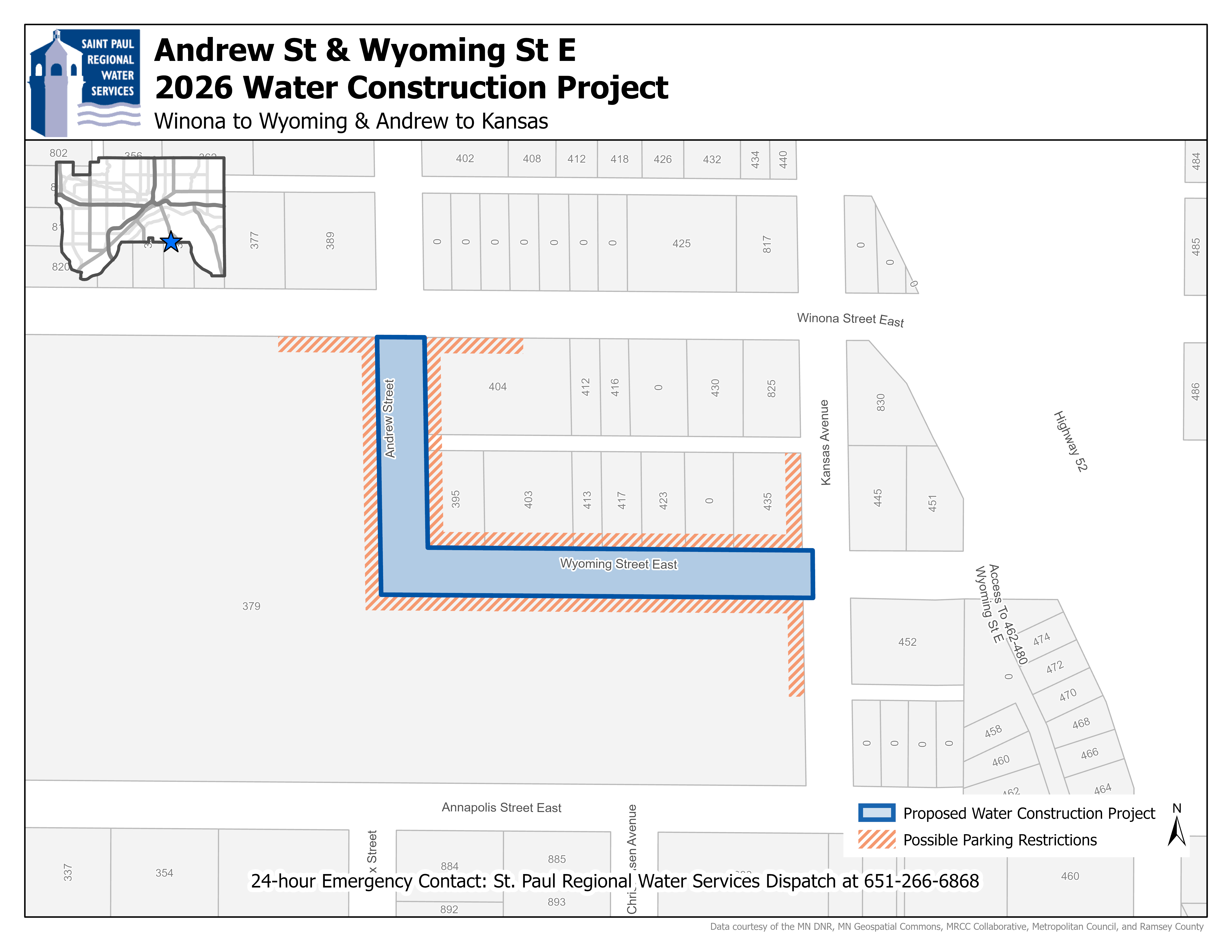 Map showing the Andrew Street and Wyoming Avenue construction project area.