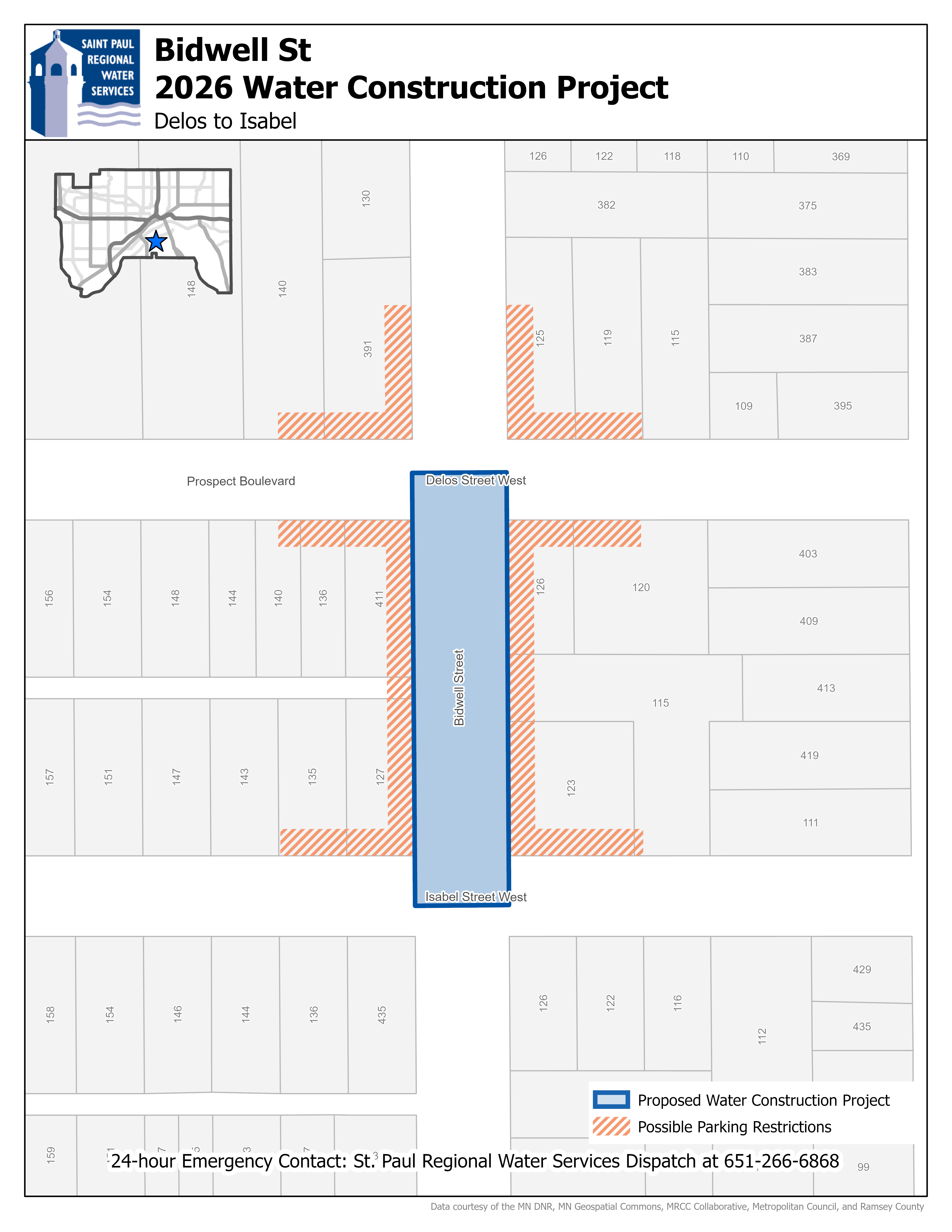 Map showing the Bidwell Street construction area from Delos Street to Isabel Street.