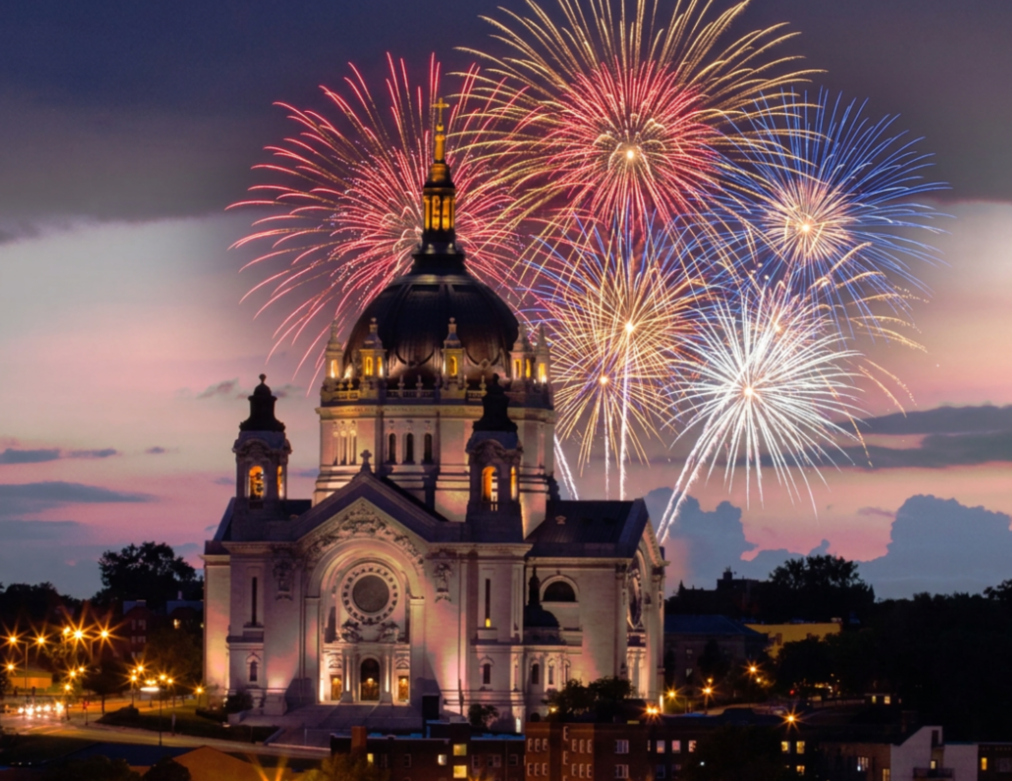 Cathedral with fireworks 