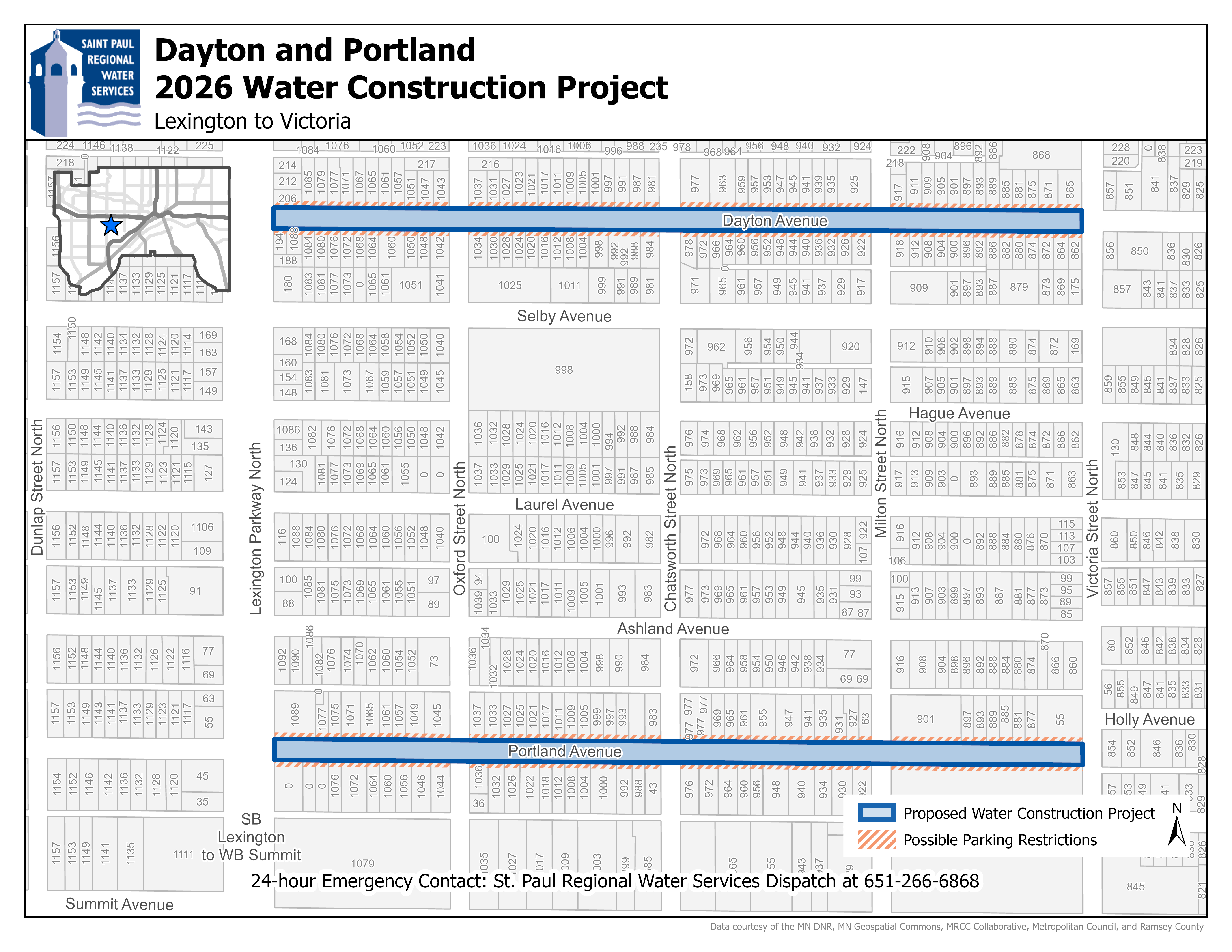 Map showing the Dayton and Portland area construction area from Lexington Parkway to Victoria Street.
