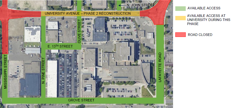 University Avenue Detour Map for Phase 1
