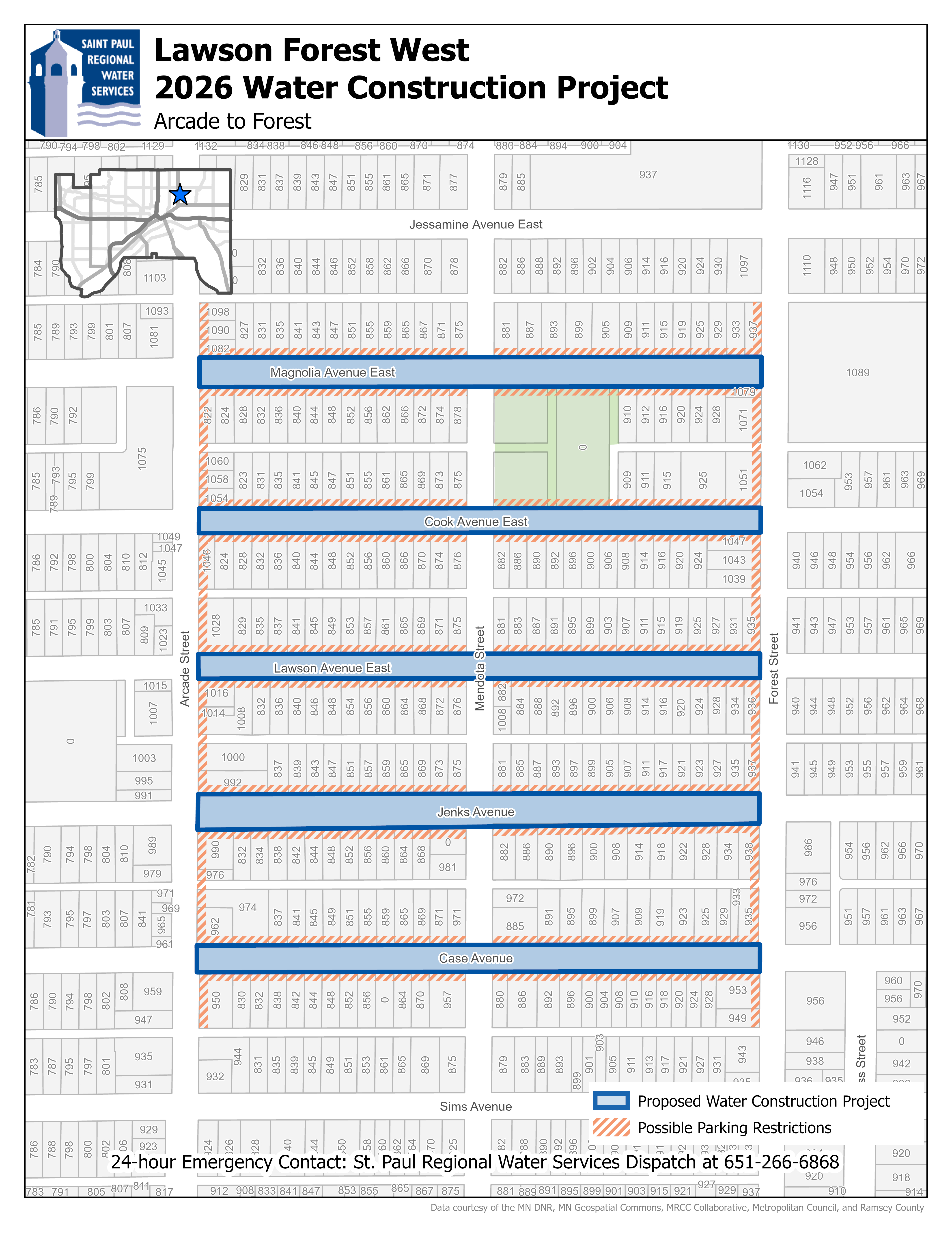 Map showing the Lawson Forest West construction area, including Magnolia Avenue, Lawson Avenue, Jenks Avenue, Case Avenue, and Cook Avenue from Arcade Street to Forest Street