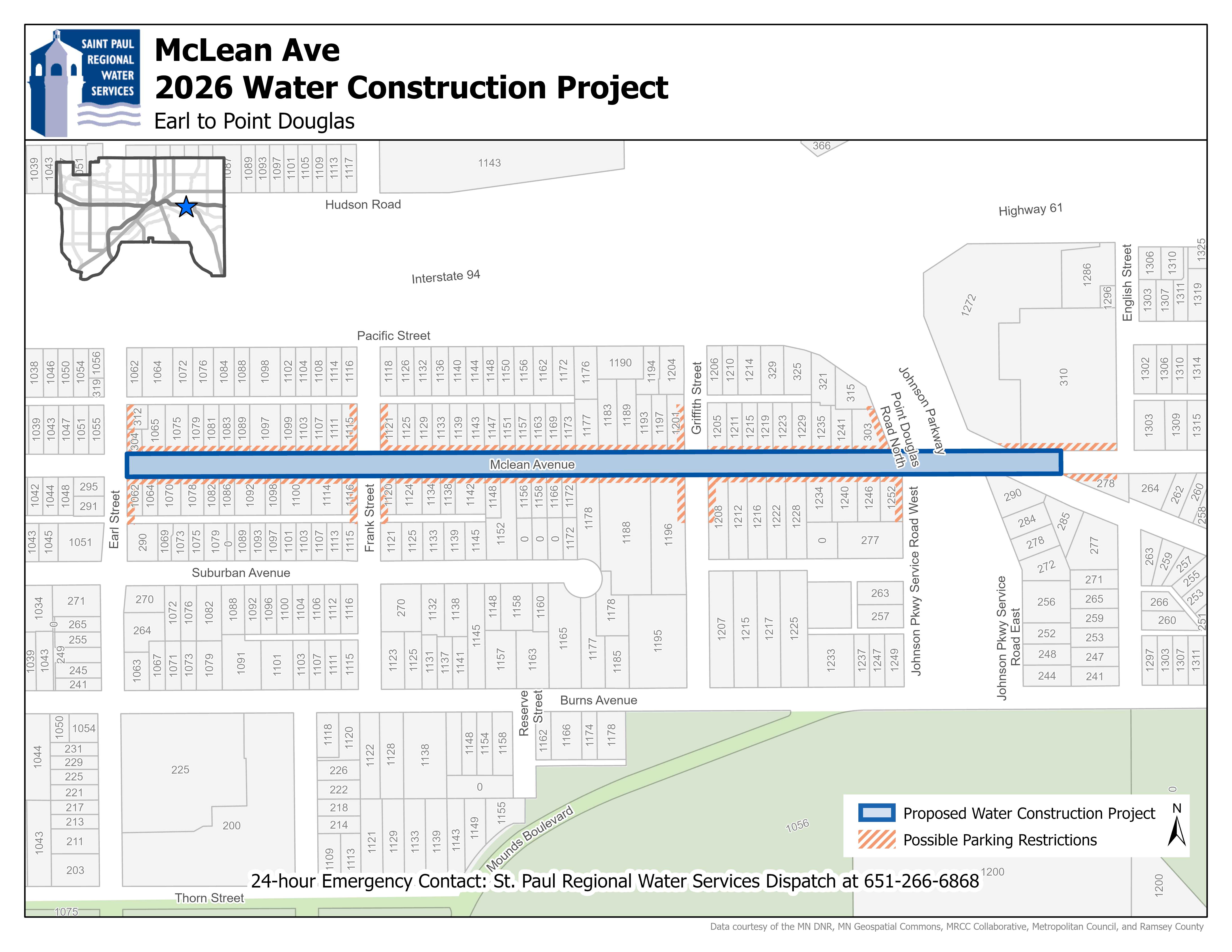 Map showing the McLean Avenue construction area from Earl Street to Johnson Parkway.