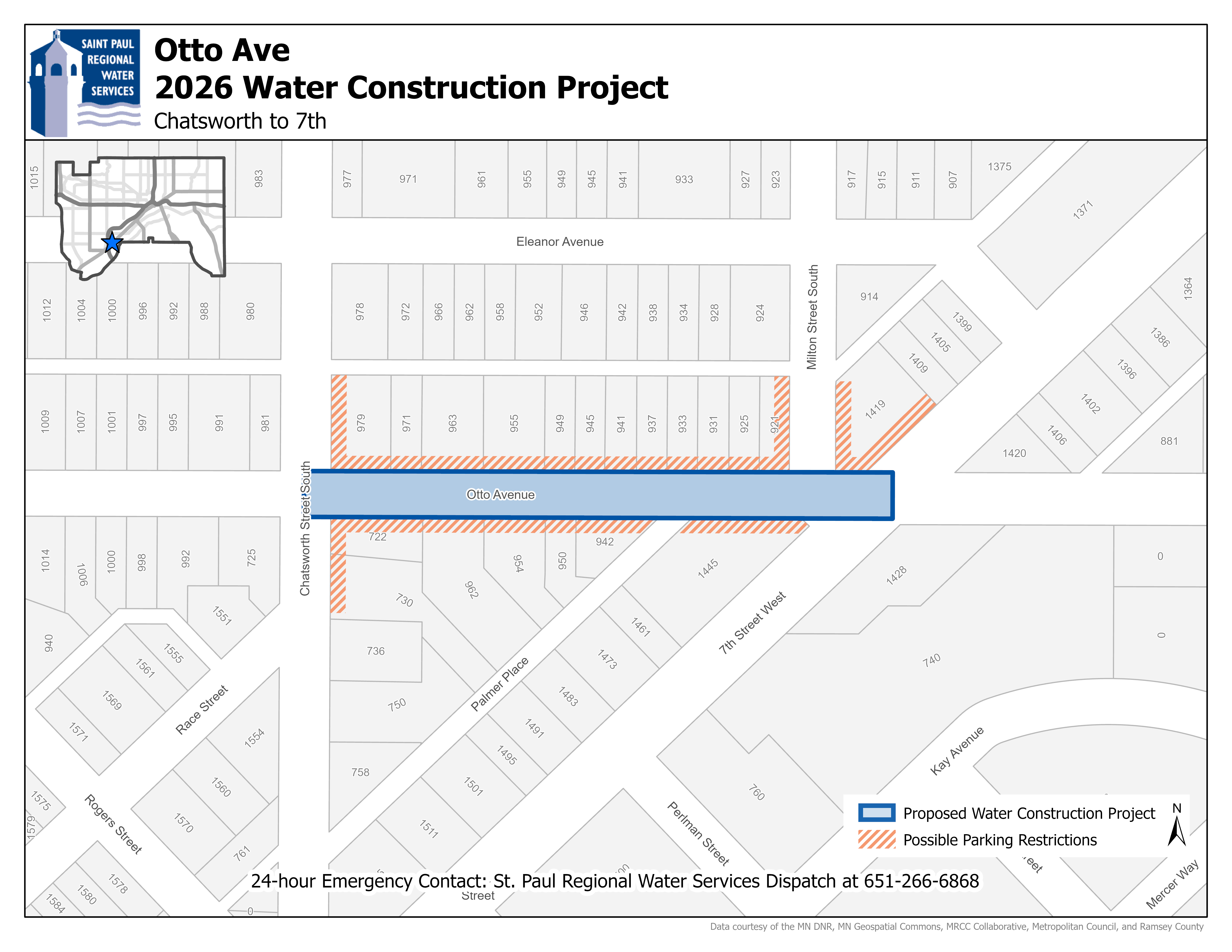 Map showing the Otto Avenue construction area from 7th Street to Chatsworth Street.