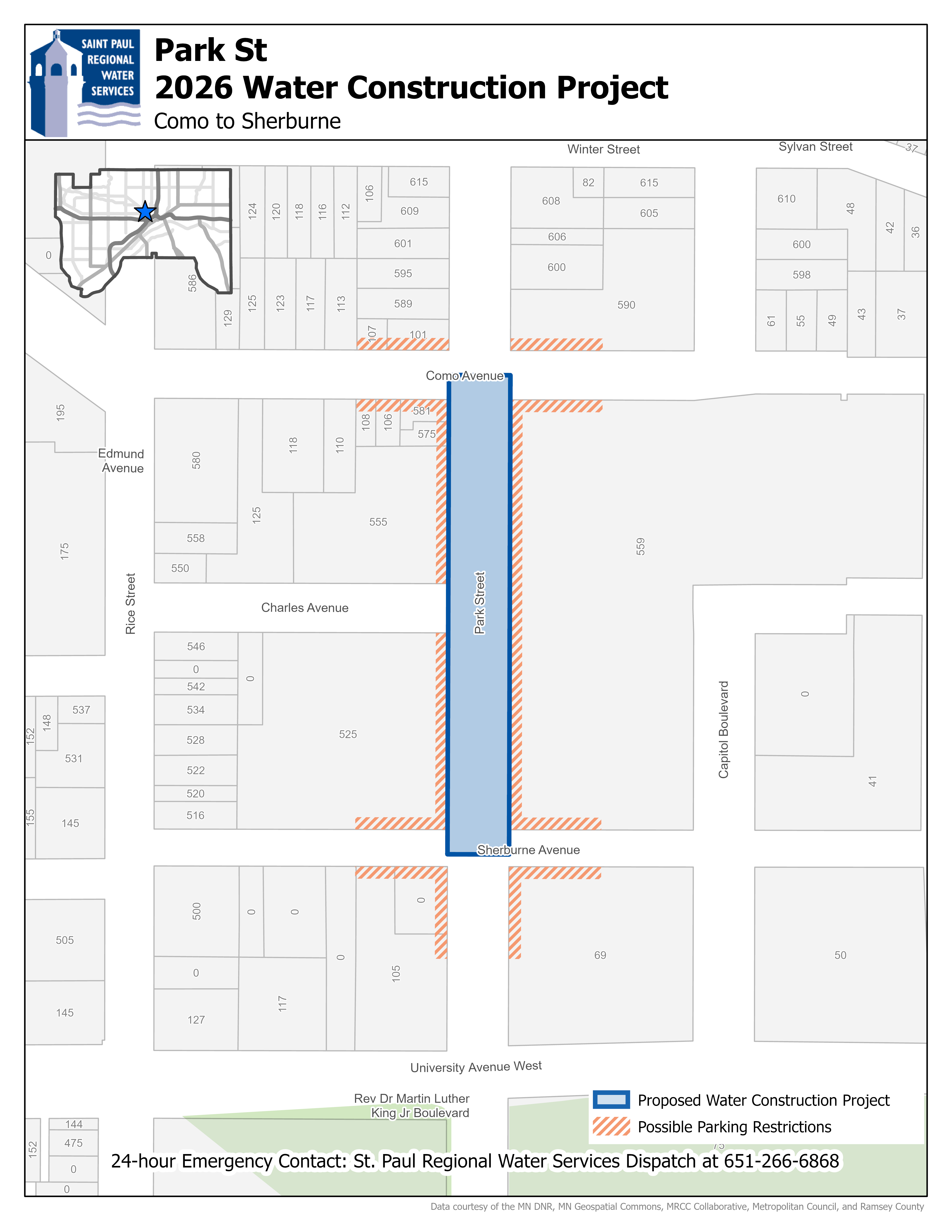 Map showing the Park Street construction area from Sherburne Avenue to Como Avenue.