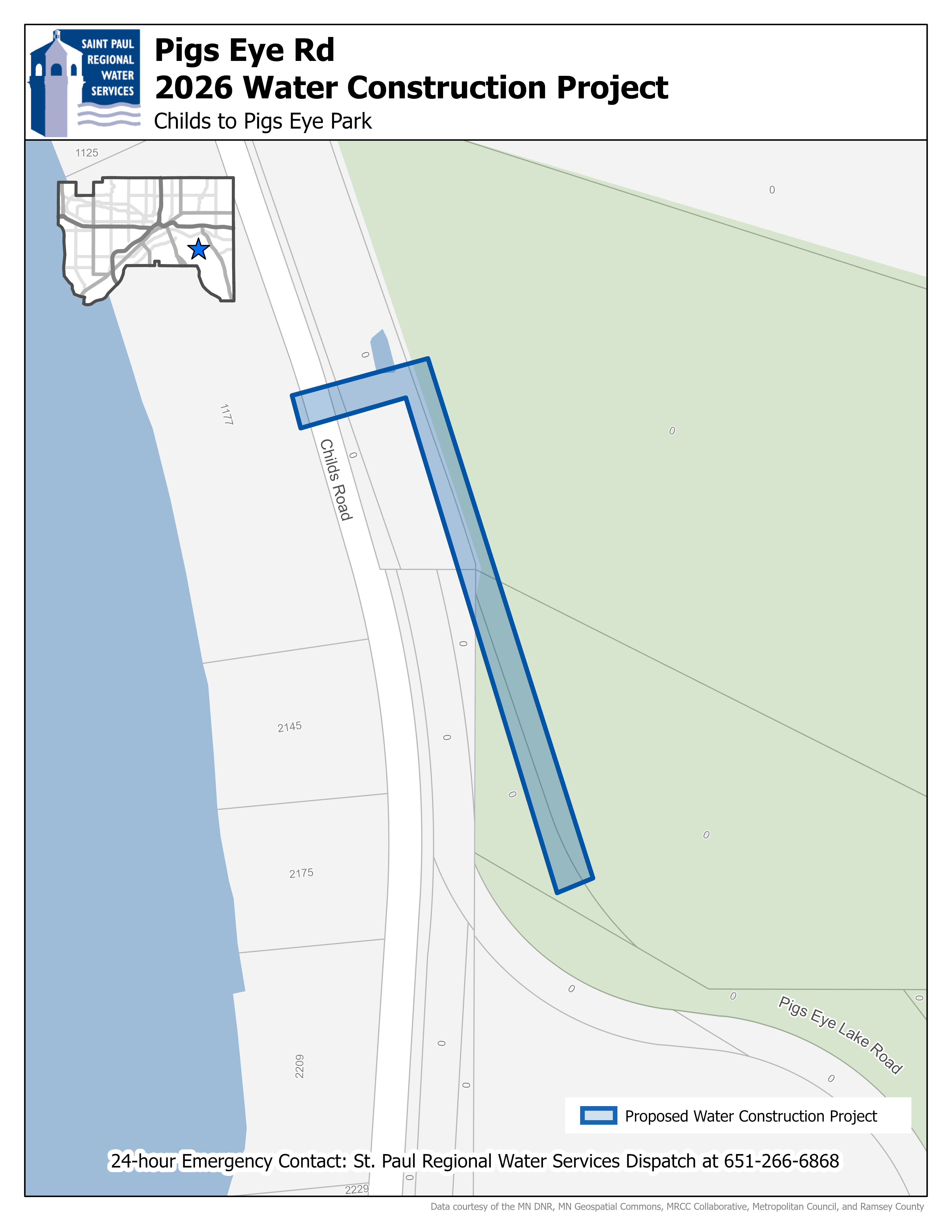 Map showing the Pigs Eye Road construction area from Childs Road to Pigs Eye Park.