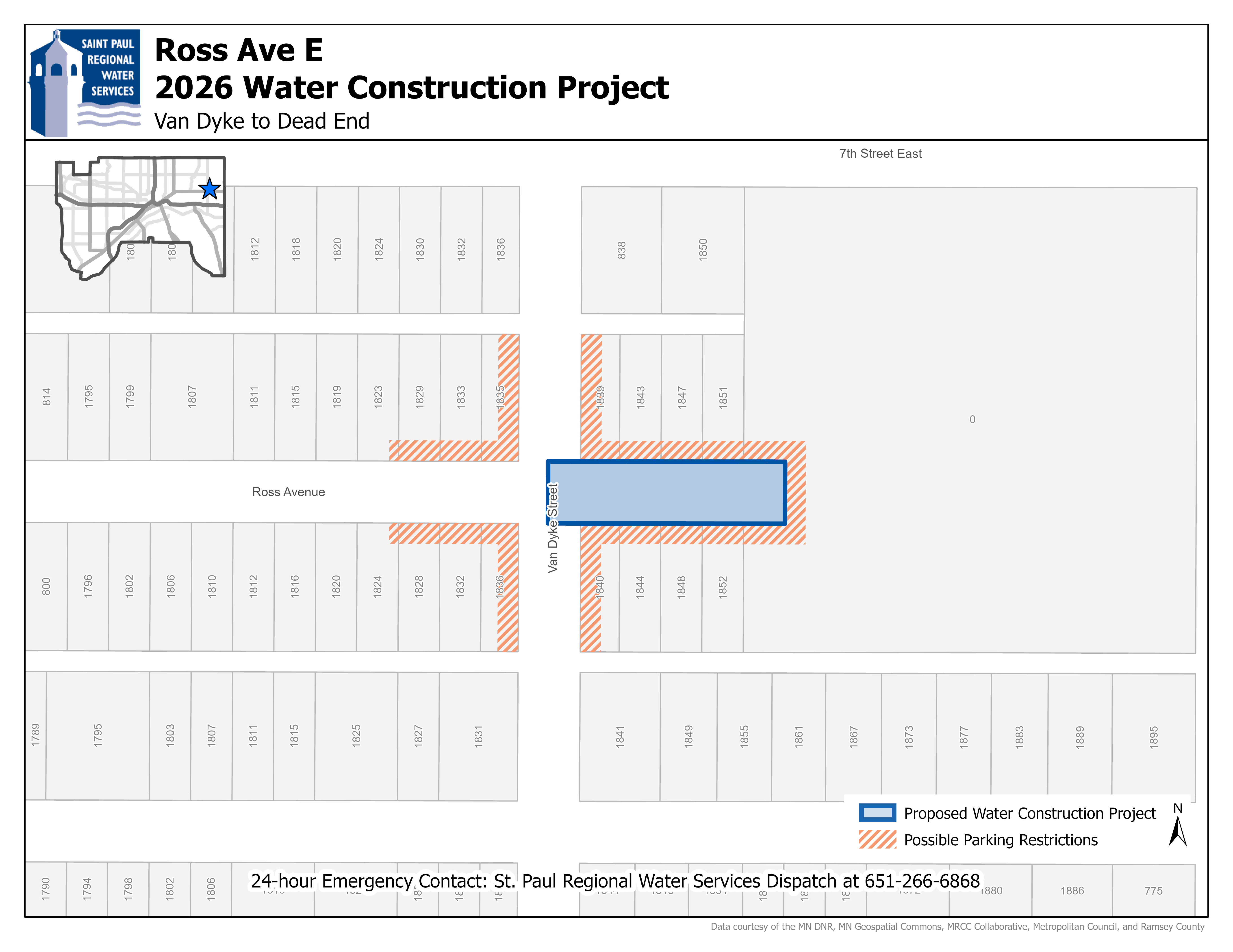 Map showing the Ross Avenue construction area from Van Dyke Street to 158 feet east of Van Dyke Street.