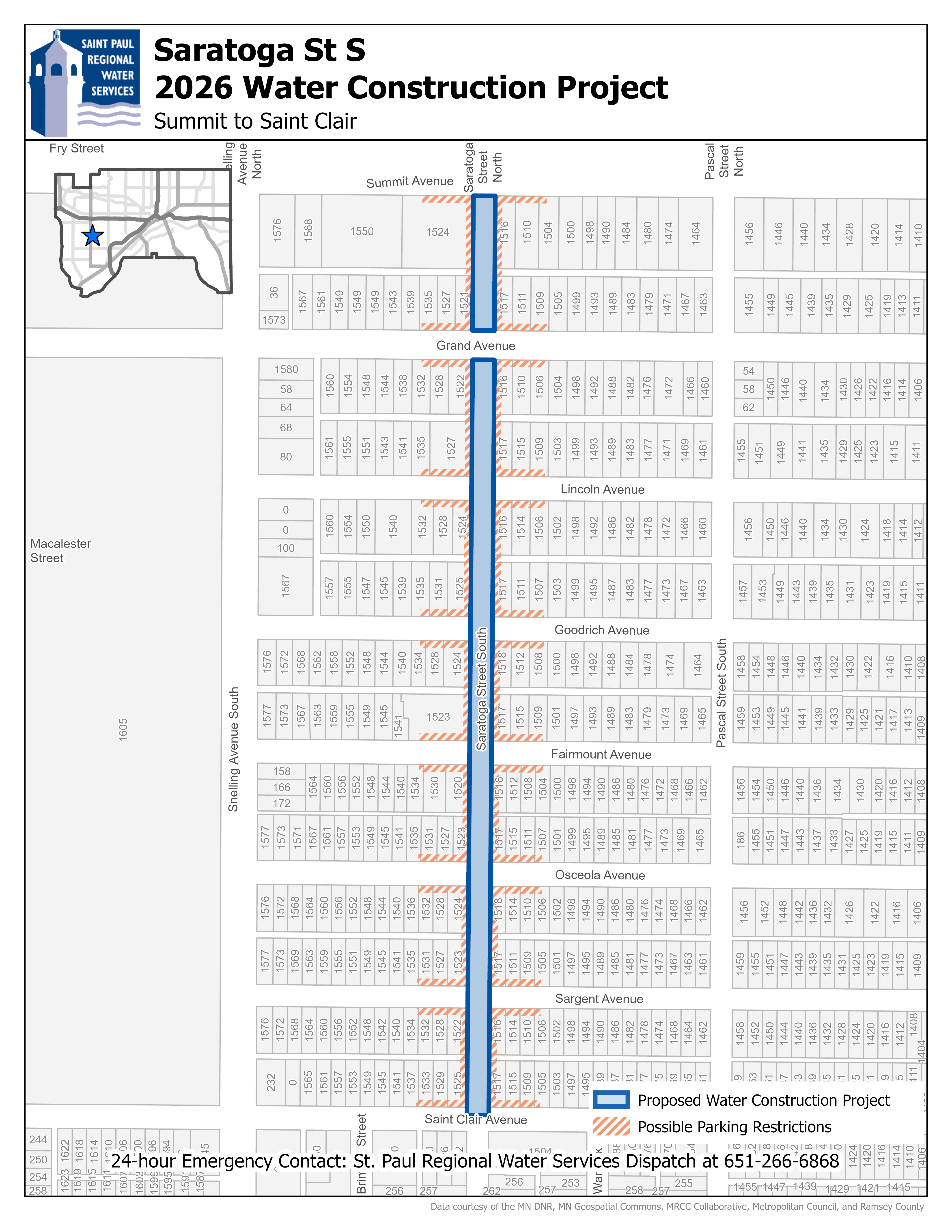 Map showing the Saratoga Street South construction area from Summit Avenue to St. Clair Avenue.