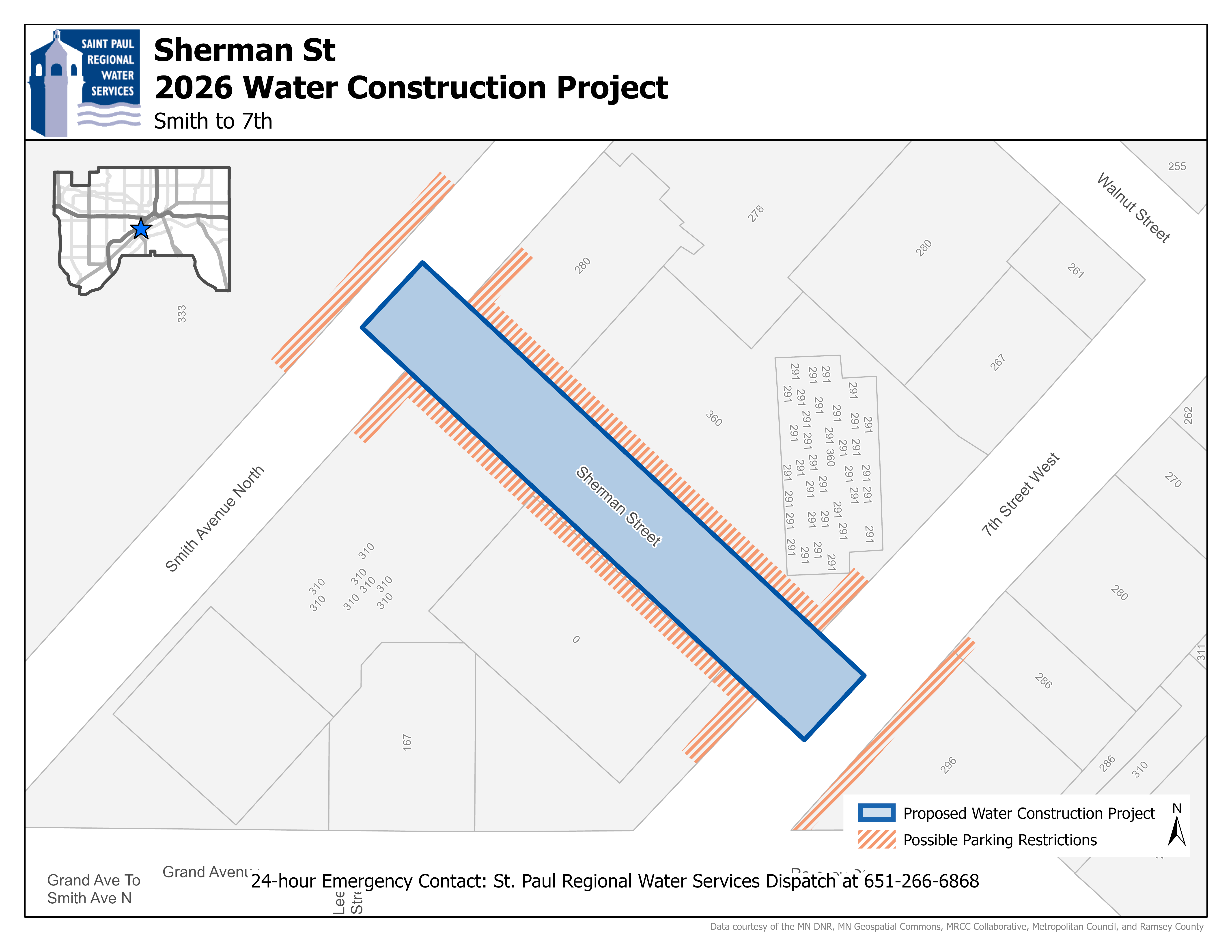 Map showing the Sherman Street construction area from 7th Street to Smith Avenue.