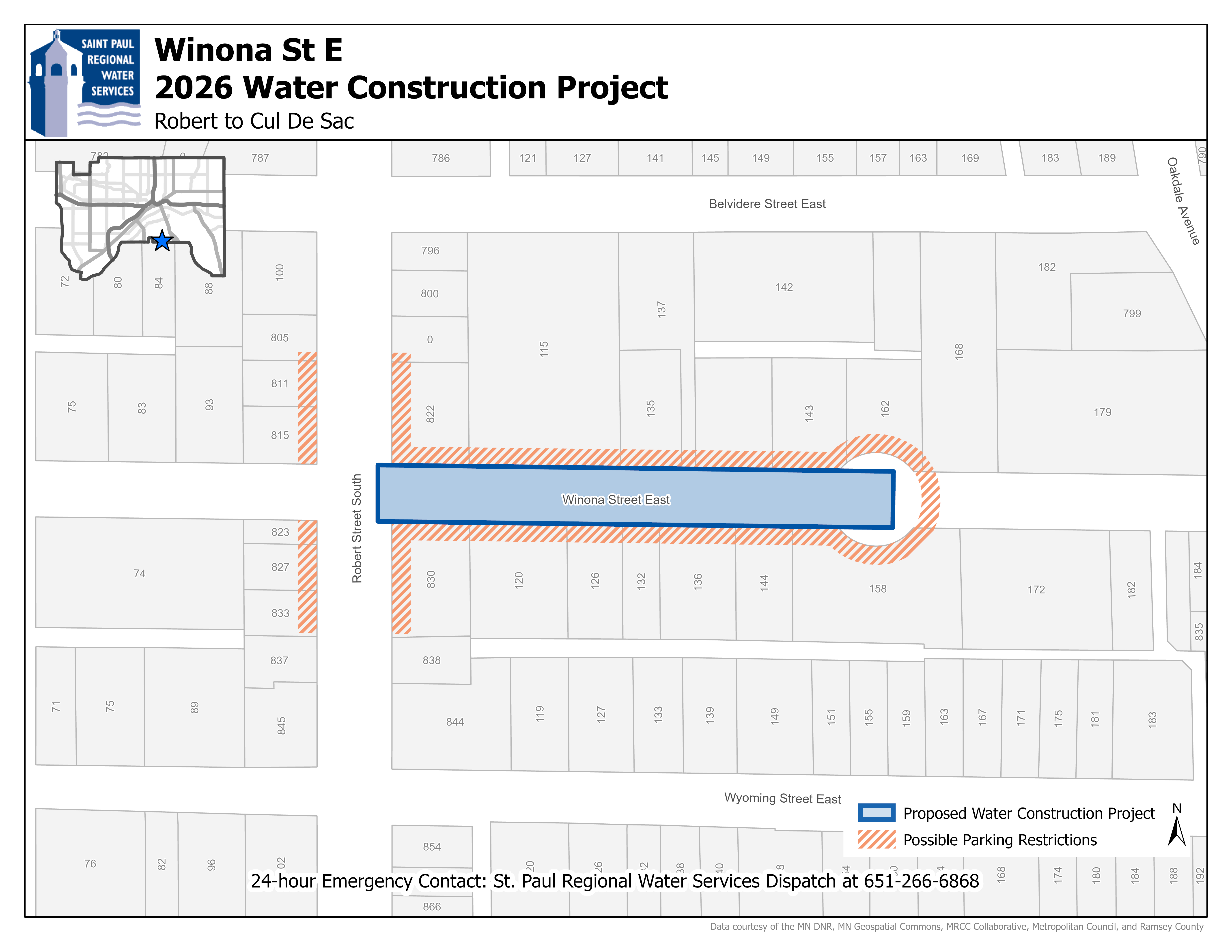 Map showing the Winona Street East construction area from Robert Street to the cul-de-sac.