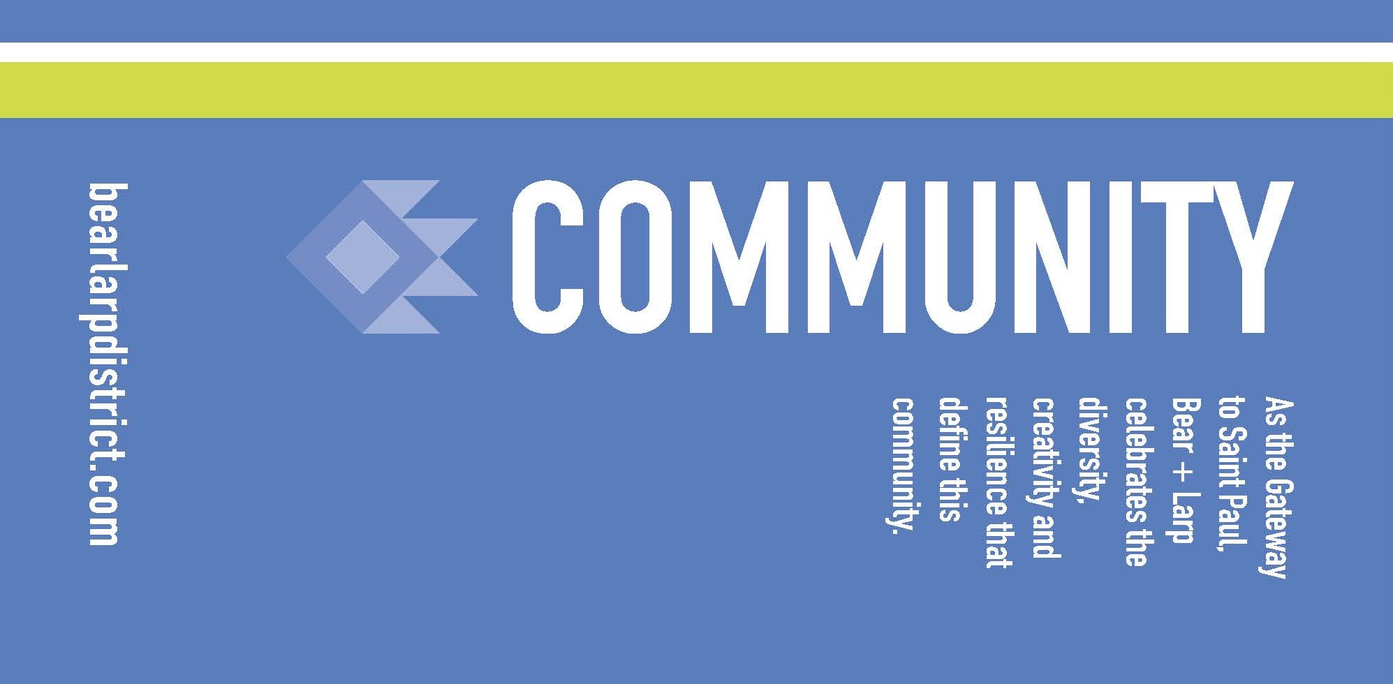Bear + Larp District street banner design reading "Community," with the district tagline and bearlarpdistrict.com.