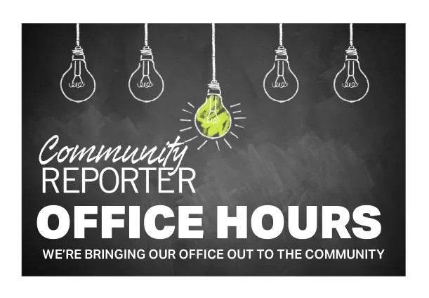 Community Reporter Office Hours graphic with chalk-drawn light bulbs on a chalkboard background.