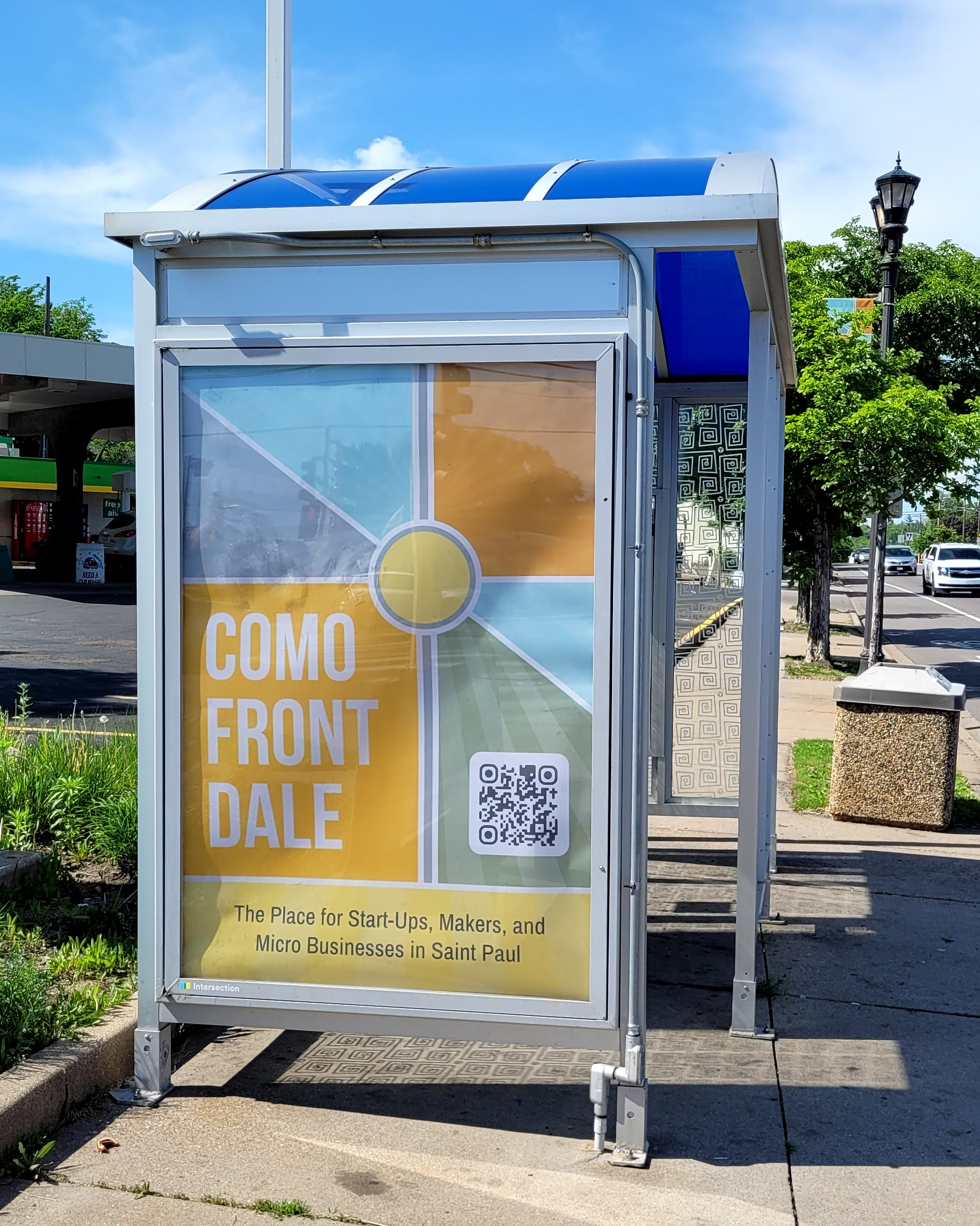 Como Front Dale district ad on a bus shelter panel, promoting the area as a place for start-ups, makers, and micro businesses.