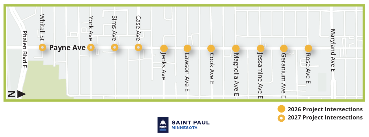 Map of Payne Avenue showing locations of intersection improvements and construction year. For accessibility call 651-266-6100