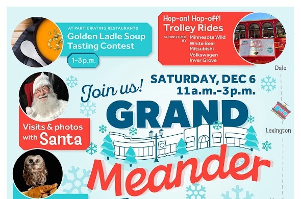 Grand Meander event graphic for Saturday, Dec. 6, 11 a.m.-3 p.m. on Grand Avenue, with soup tastings, trolley rides and photos with Santa.