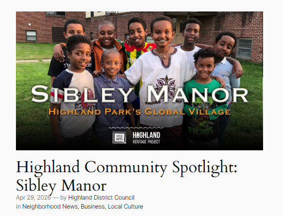 Screenshot of a Highland Community Spotlight article for Sibley Manor, featuring a graphic of nine children outside a brick apartment building with the headline "Sibley Manor: Highland Park's Global Village."