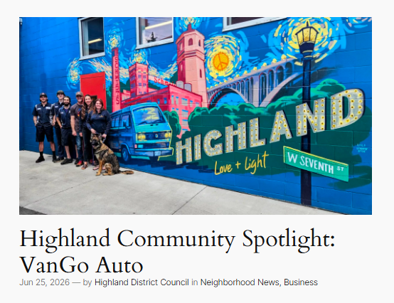 Screenshot of a Highland Community Spotlight article for VanGo Auto, featuring a photo of four people and a dog in front of a Van Gogh-inspired "Highland / W Seventh St" mural.
