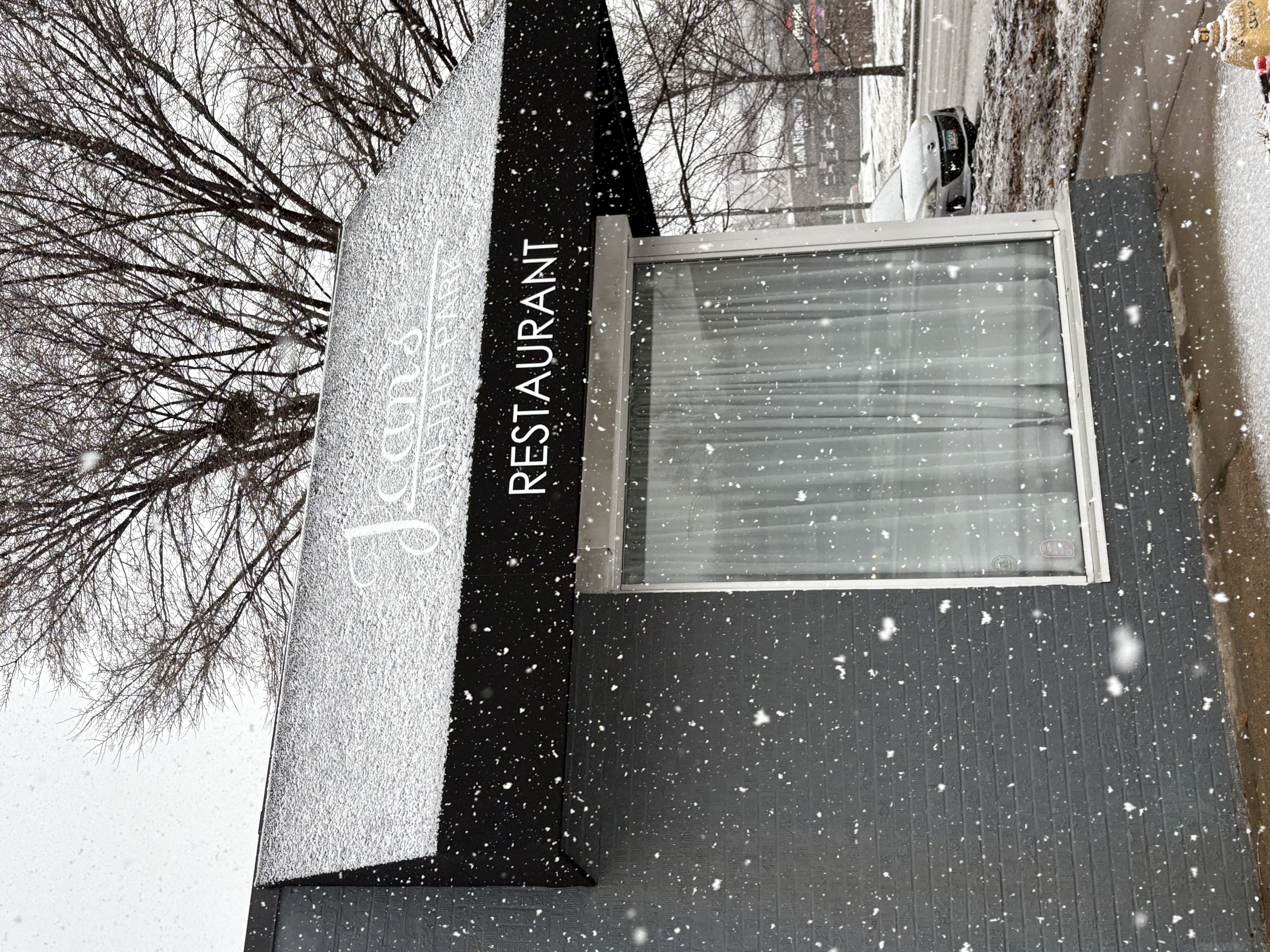 The snow-covered awning of Joan's in the Park restaurant, reading "Joan's in the Park" in script above the word "Restaurant," on a gray brick corner building during a snowfall.