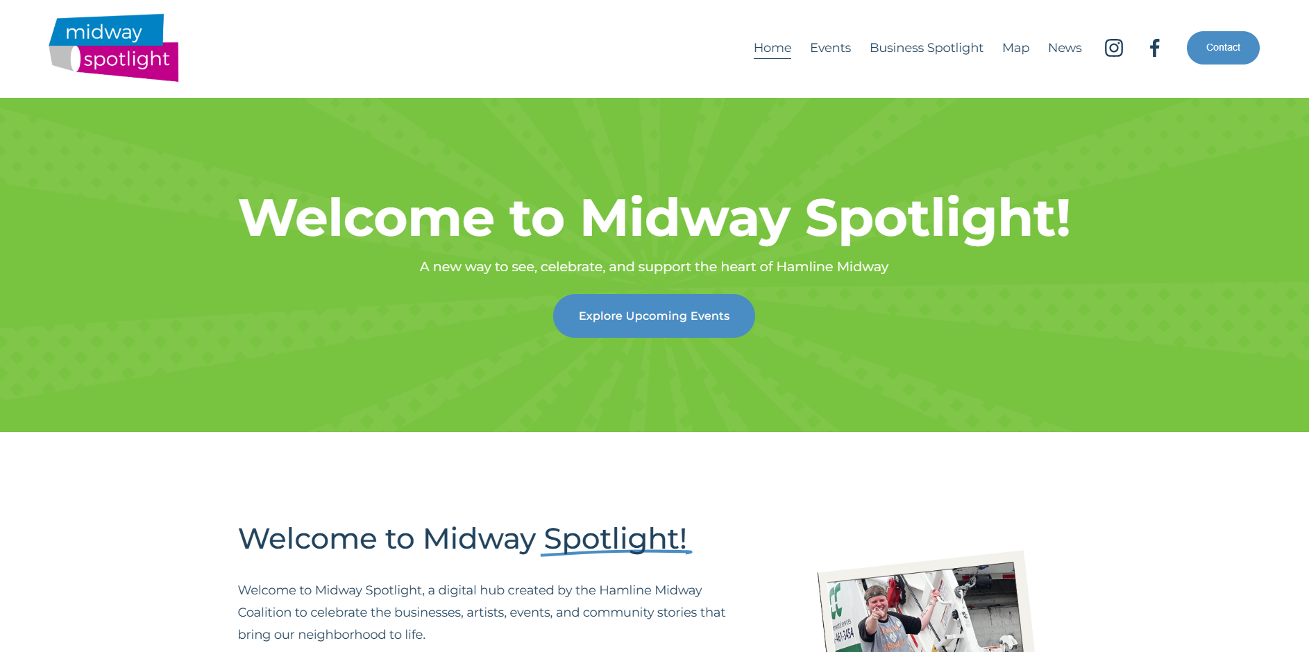 Screenshot of the Midway Spotlight website homepage, a digital hub for the Hamline Midway neighborhood.