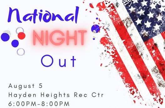 National Night Out graphic — August 5, Hayden Heights Rec Center, 6–8 p.m.