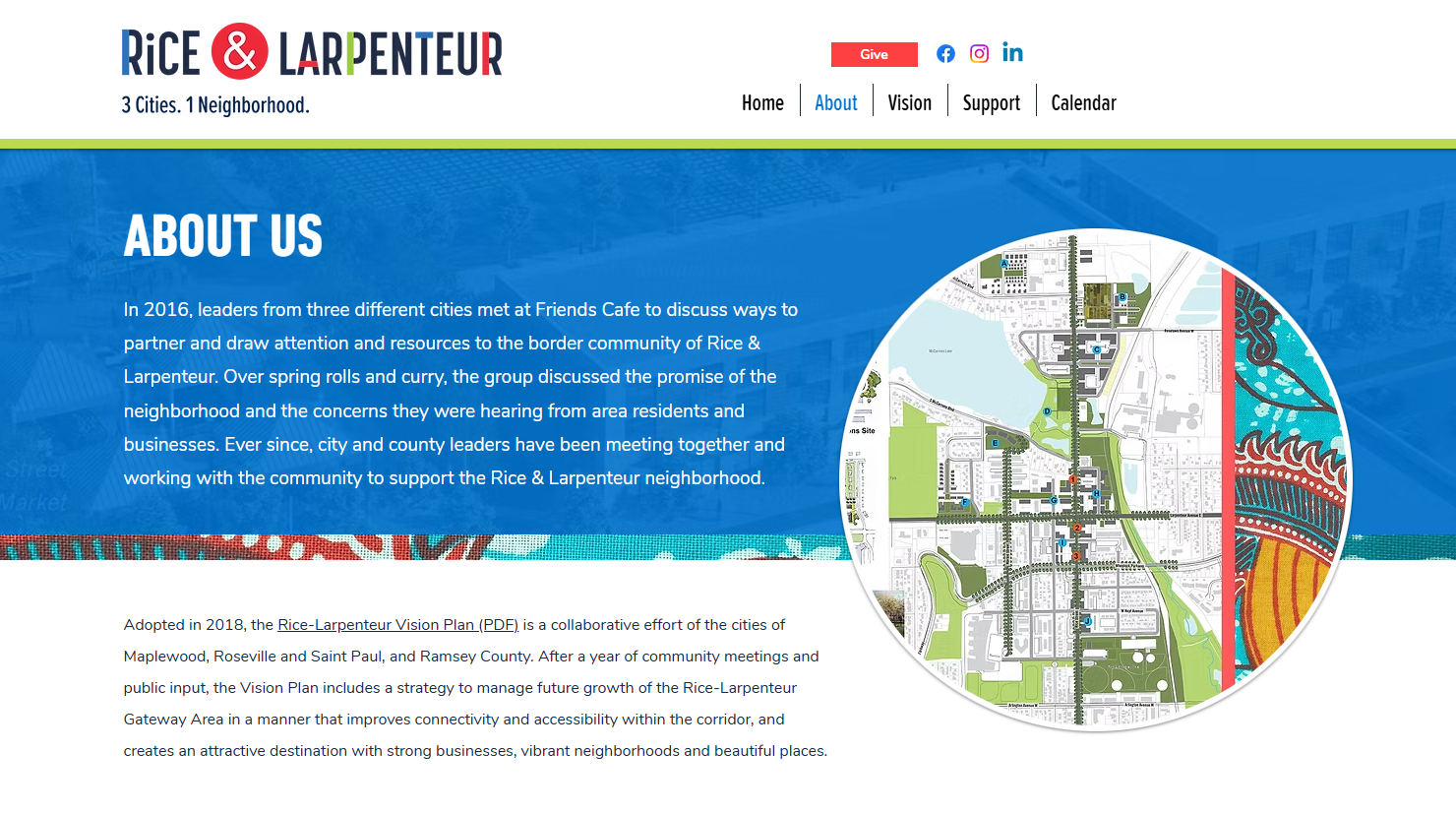 Screenshot of the Rice & Larpenteur About Us webpage, with a summary of the alliance's origins and the 2018 Vision Plan alongside a circular map-and-textile graphic.