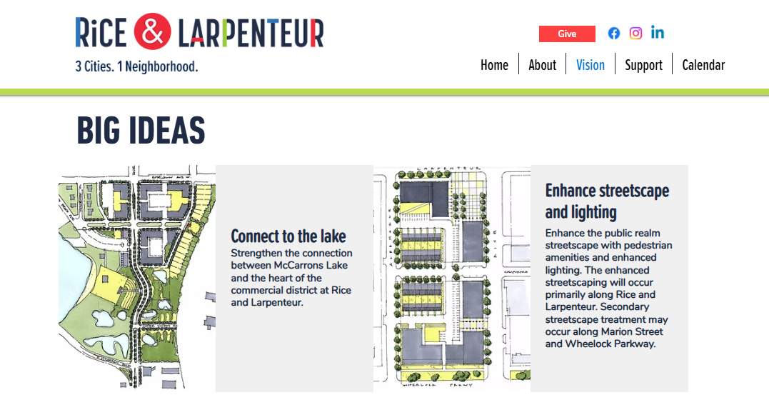 Screenshot of the Rice & Larpenteur Vision "Big Ideas" webpage, showing four concept panels for connecting to McCarrons Lake, enhancing streetscape and lighting, improving walkability and creating a central gathering park.