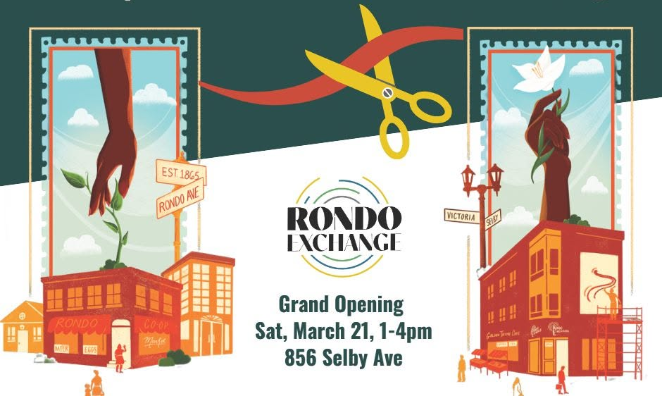 Rondo Exchange graphic with a ribbon-cutting motif and two illustrated panels depicting a seedling being planted and a flower in bloom above Rondo neighborhood storefronts.